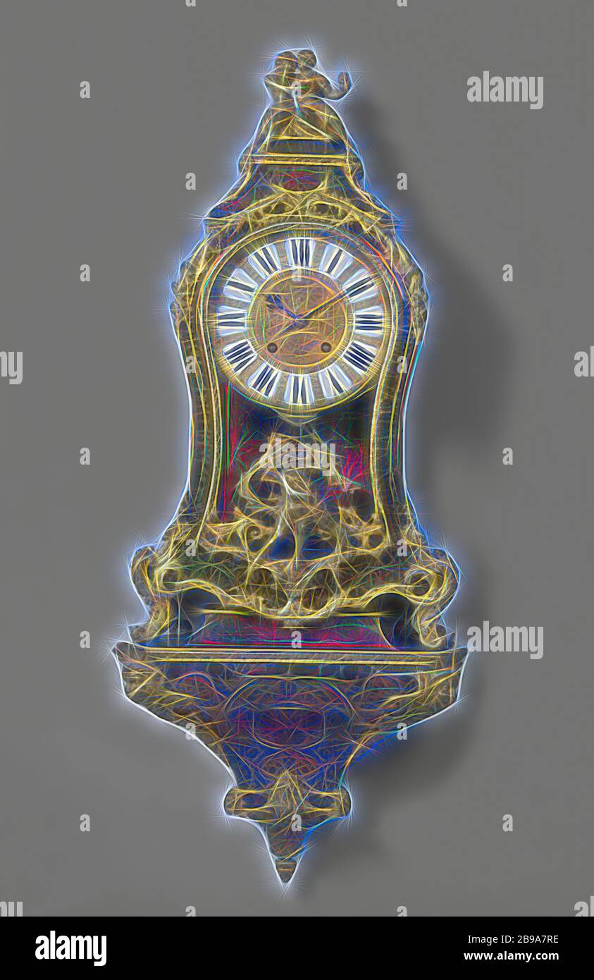 Orologio di console, decorato con intarsi in tartaruga e ottone e bronzo dorato raccordi, sul nucleo in legno di quercia, decorato con intarsi in tartaruga e ottone, con bronzo dorato i raccordi sul nucleo di quercia. semicircolare pedana superiore. La pastella è costituito da volute con fiori foglie e rami. Tra le grottesche decorate con rame dorato quadrante con numeri di smalto, cupid-raccordi sagomato con un cane e la chiave. La soglia superiore porta una pendenza pezzo superiore con una coppia amorevole a corona. Console con raccordi con le maschere su angoli. La precisione di un orologio firmato nella parte posteriore: C.D.G: MESNIL à PARIS., anonimo, Parigi, c. 1 Foto Stock