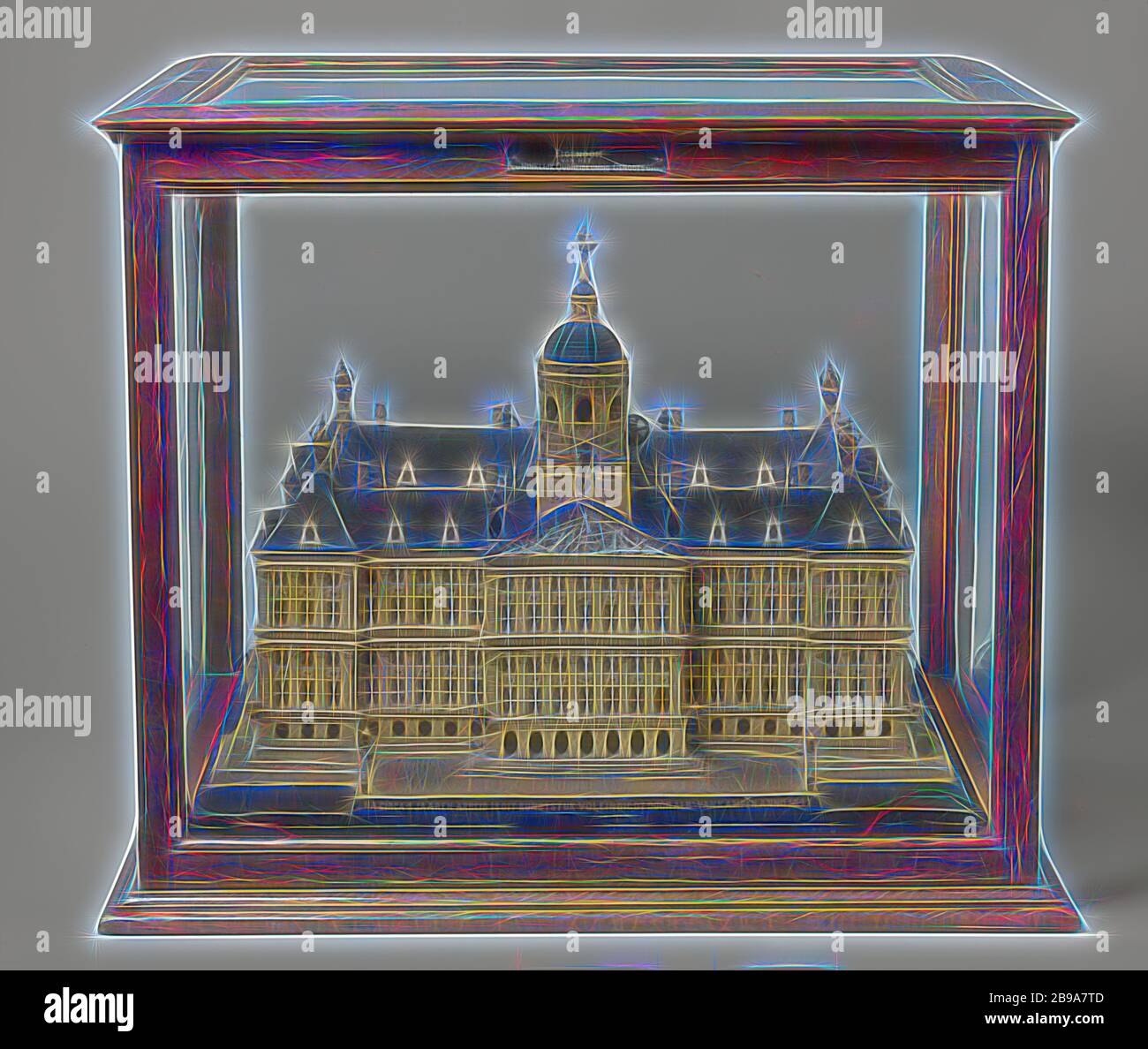 Modello del Municipio di Amsterdam, in cartone e intonaco. Con vetrina allegata, Albert van Kampen, Paesi Bassi del Nord, 1747, cartone, gesso, quercia (legno), vernice (rivestimento), h 35.0 cm × l 47.0 cm × d 45.0 cm h 49.0 cm × l 58.5 cm × d 51.5 cm, Reimagined by Gibon, design di calda e allegra luce di luminosità e raggi di luce radianza. Arte classica reinventata con un tocco moderno. La fotografia ispirata al futurismo, abbracciando l'energia dinamica della tecnologia moderna, del movimento, della velocità e rivoluzionando la cultura. Foto Stock