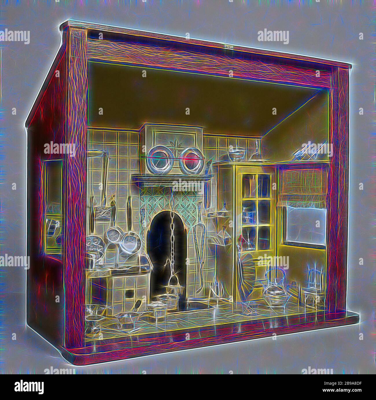 Cucina casa bambola con 45 miniature, cucina, in miniatura, sotto forma di  una scatola con piano inclinato e fronte aperto, riempito con oggetti in  argento minato, cucina, anonima, Paesi Bassi, c.. 1845