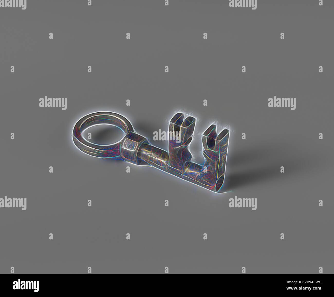 Chiavetta con occhiello ad anello sul corpo ottagonale e albero corto. La barba in due parti è perpendicolare all'occhio., c. 1800 - c. 1900, ferro (metallo), h 8 cm × l 3.3 cm × d 3 cm, Reimagined by Gibon, design di calda e allegra luce di luminosità e di luminosità. Arte classica reinventata con un tocco moderno. La fotografia ispirata al futurismo, abbracciando l'energia dinamica della tecnologia moderna, del movimento, della velocità e rivoluzionando la cultura. Foto Stock