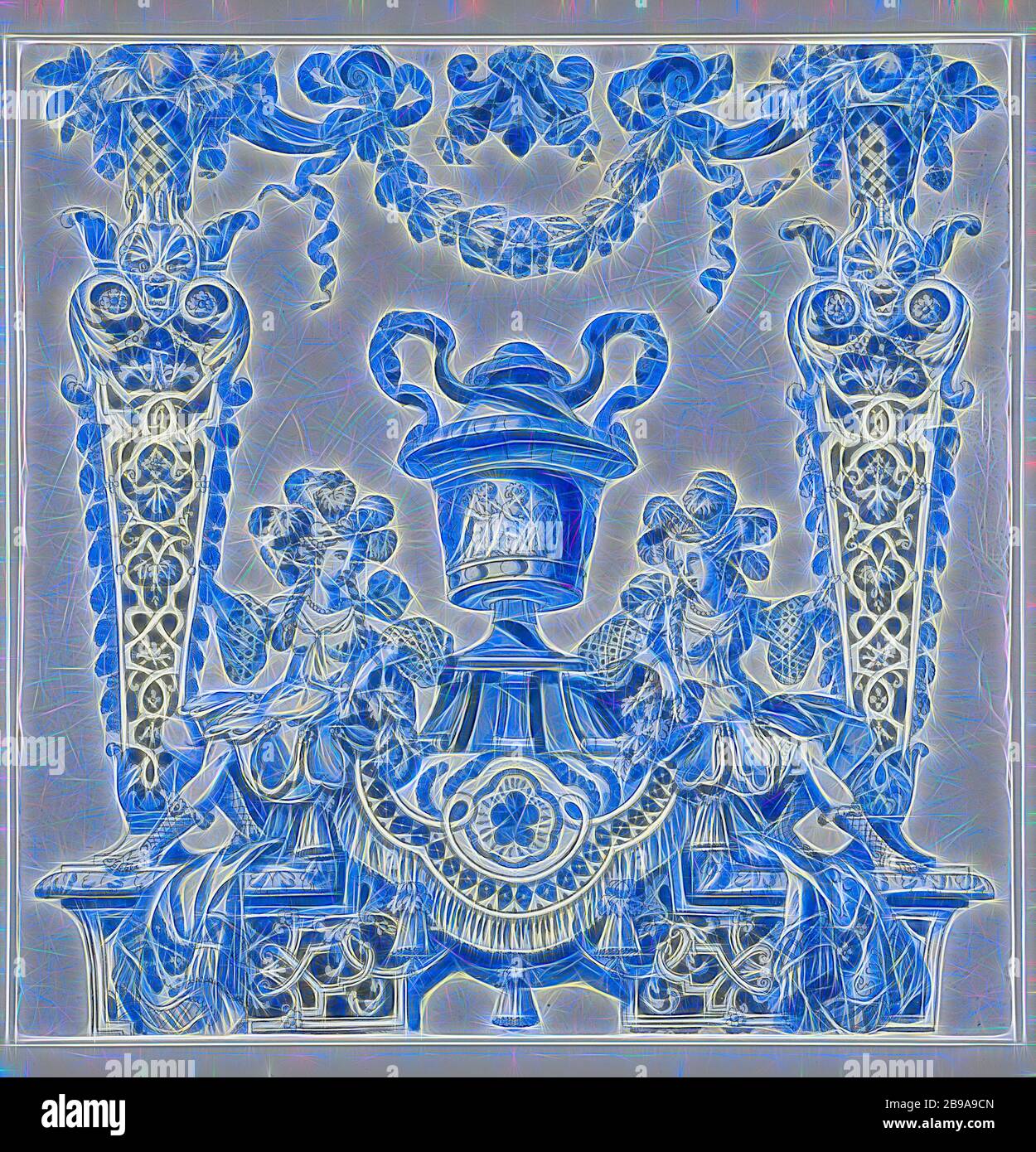 Tre placche da una piastrella di colonna con una rappresentanza in blu di  due donne su entrambi i lati di un vaso. Tra le donne in un trilobata abito  con tre nappe,