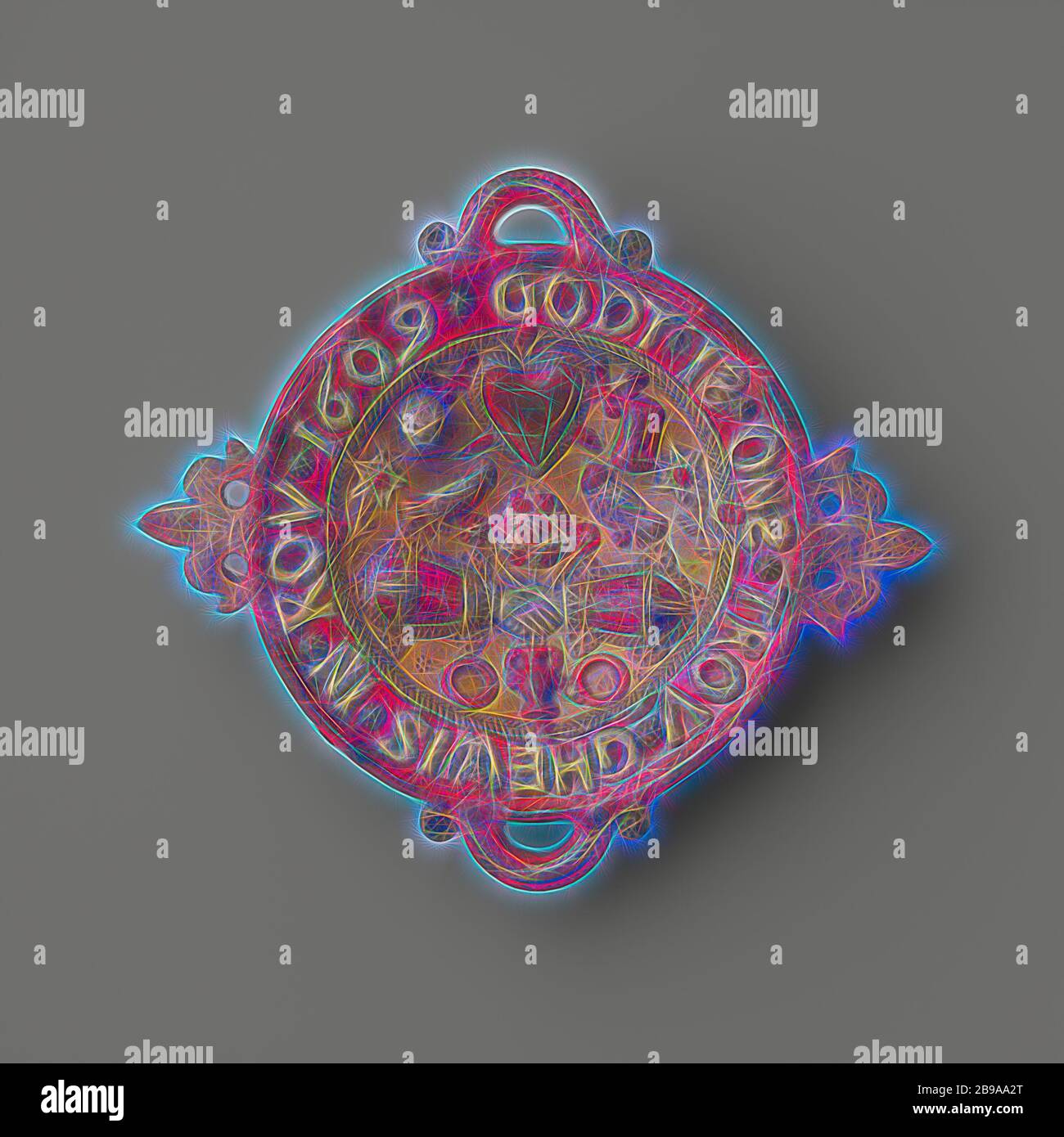 Grabelbak, piatto rotondo di terracotta con due manici e due manici. Sul confine è in rilievo l'iscrizione: GODT È IL NOSTRO TROV GHEWIS IN ROV 1609. Sulla mensola sono in rilievo emblemi di matrimonio, tra cui due mani aggrappate e un cuore., anonimo, Bergen op Zoom, 1609, terracotta, h 4.9 cm × w 25.1 cm × d 22.7 cm, Reimagined by Gibon, disegno di calda allegra luce di luminosità e di radianza dei raggi di luce. Arte classica reinventata con un tocco moderno. La fotografia ispirata al futurismo, abbracciando l'energia dinamica della tecnologia moderna, del movimento, della velocità e rivoluzionando la cultura. Foto Stock