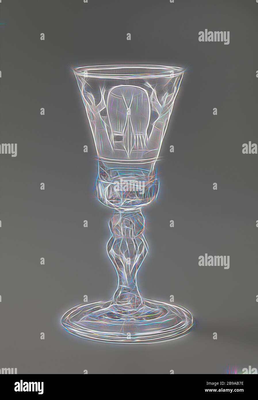 Bicchiere di vino con sette donne che combattono su un paio di Breeches Cup con sette donne che lottano su pantaloni, piede ad arco. Stelo di balaustra sfaccettato con nodi e due bolle d'aria. Calice a campana con fondo arrotondato sfaccettato. Sul calice una rappresentazione incisa di sette donne che lottano per pantaloni, rivalità o donne per l'amore di un uomo, lotta per il tubo, 'andouille', anonima, c.. 1750 - c. 1775, vetro, soffiatura vetro, h 18.3 cm × d 9.5 cm, Reimagined by Gibon, disegno di calda allegra luce di luminosità e di luminosità raggi di luce. Arte classica reinventata con un tocco moderno. Foto INS Foto Stock