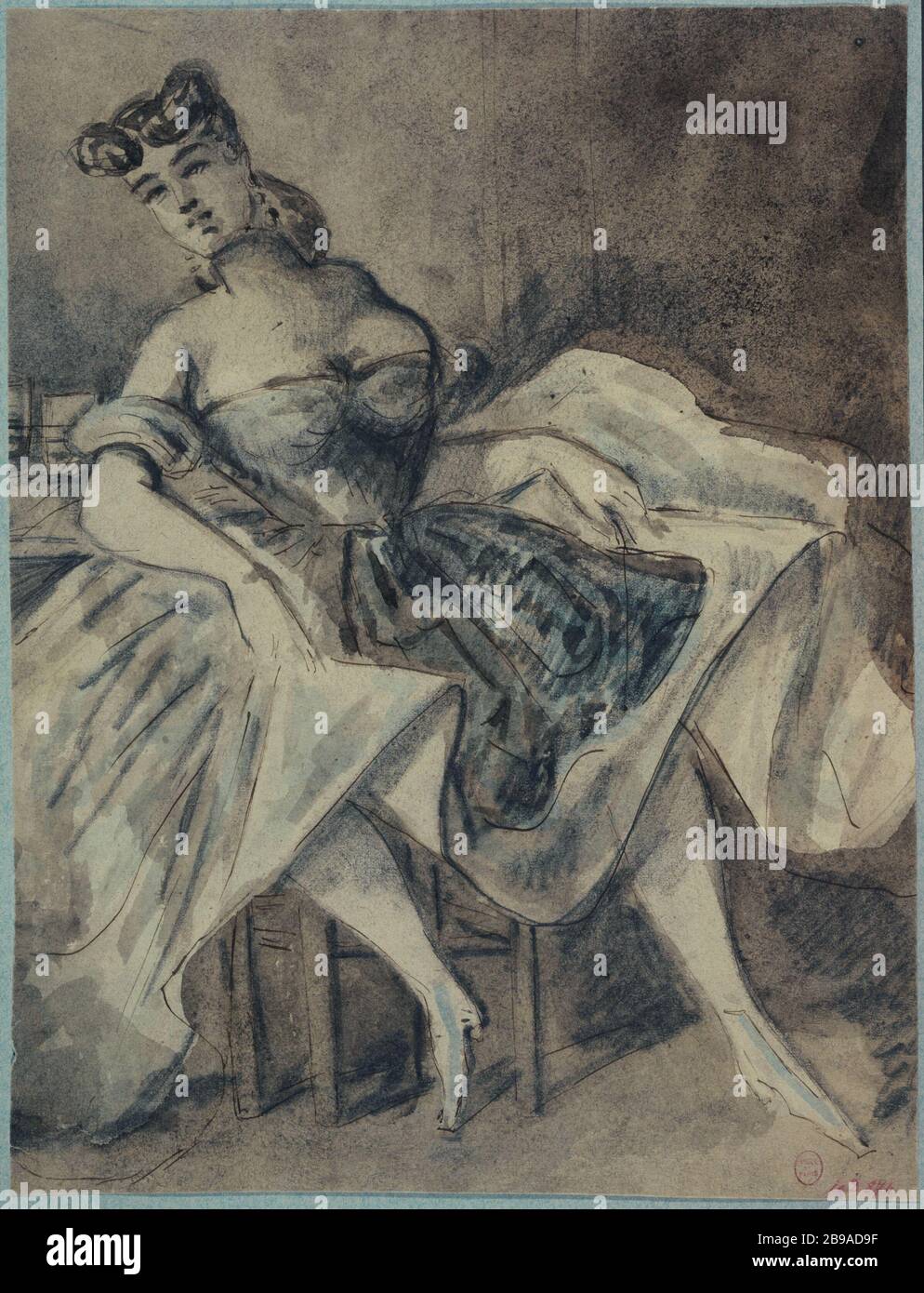 Studio di una donna seduta su uno sgabello, abito basso taglio e appoggiato contro un tavolo Constantin Ernest Adolphe Hyacinthe Guys (1802-1892), dessinateur et peintre français. Etude de femme assise sur un tabouret, robe décolletée et adossée à une table. Plume, encré brune, crayon, lavis d'aquarelle. vers 1865. Parigi, musée Carnavalet. Foto Stock