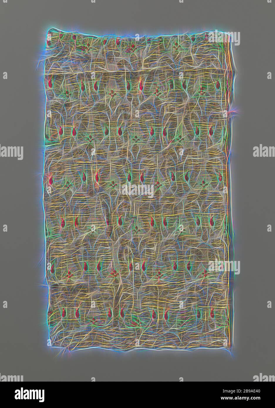 Frammento di tessuto di seta con gigli, frammento di tessuto con catena di seta bianca e trame di seta gialla, bianca, rossa e gialla avvolta in oro. Modello di gigli d'oro rialzati con fiamme rosse su terreno bianco, anonimo, Italia, 1400 - 1499, ketting en inslag, filo metallico, doppia armatura, h 44 cm × w 26 cm h 13 cm × w 6.5 cm w 09 cm, Reimagined by Gibon, design di calda e allegra luce di luminosità e raggi di luce radianza. Arte classica reinventata con un tocco moderno. La fotografia ispirata al futurismo, abbracciando l'energia dinamica della tecnologia moderna, del movimento, della velocità e rivoluzionando la cultura. Foto Stock