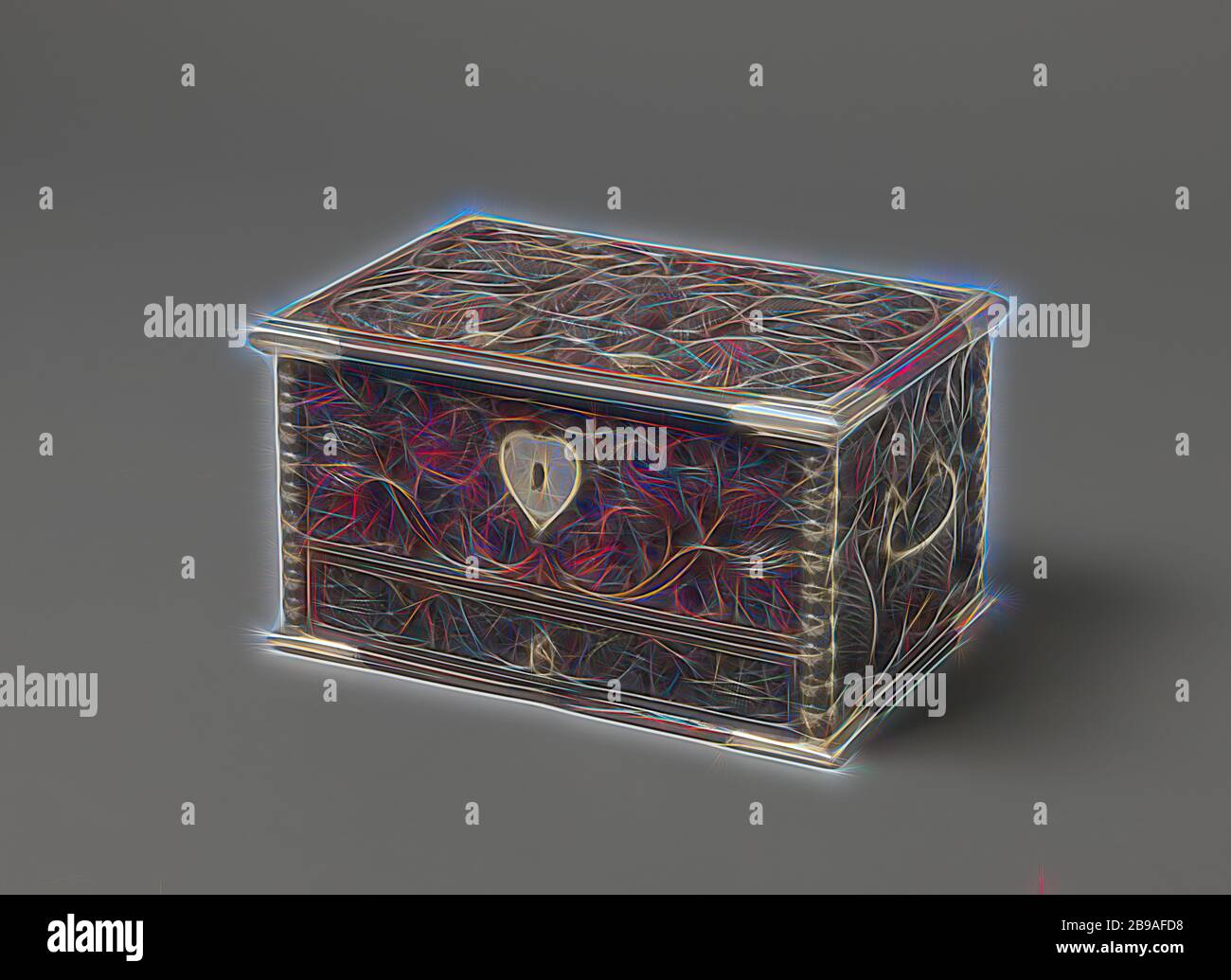 Casket con cassetto in fondo, Casket, quadrato, di ebano con accessori e maniglie in argento. Fiori e tendini messi nel legno. In basso un cassetto, chiuso da un cursore all'interno della serratura superiore, Indonesia, Dutch East India Company, anonymous, 1680 - 1720, ebano (legno), argento (metallo), h 22 cm × w 40 cm × d 26 cm, Reimagined by Gibon, design di calda e allegra luce di luminosità e raggi di luce radianza. Arte classica reinventata con un tocco moderno. La fotografia ispirata al futurismo, abbracciando l'energia dinamica della tecnologia moderna, del movimento, della velocità e rivoluzionando la cultura. Foto Stock