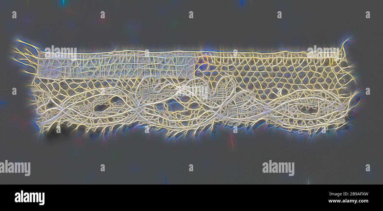 Striscia di pizzo dello stelo con una successione di diverse forme ovali, naturali rocchetto di nastro in pizzo, Buckingham pizzo. Il modello di continuo è costituito da una successione di diverse forme ovali e alcuni a forma di cuore foglie lungo il lato inferiore della striscia. I motivi sono collegate tra loro superiormente da una maglia del suolo, un tulipano terreno. I motivi sono realizzati in lino con spessi e lucenti filettature di contorno. Un terreno di rose è stato usato come un terreno ornamentali. La parte superiore della striscia è finita dritta. Il bordo della shell lungo il fondo è finito con picots., anonimo, Buckingham, c. 1800 - c. 1899, cotone (tessile), Bu Foto Stock