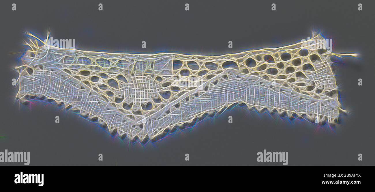 Nastro di laccio a bobina con vetro in capesante a zigzag, bobina naturale di laccio, laccio. Il modello ripetuto consiste in un diamante allentato in gusci a zigzag. La finestra è fatta di lino, una rete di terra, un pin-terra chiuso. Lungo la parte inferiore della zig-zag corre una fascia in lino, con un filo di contorno spesso sulla parte superiore e con i picots sul fondo. La parte superiore della striscia è rifinita diritto., anonima, Buckingham, c. 1800 - c. 1899, cotone (tessuto), laccio di torchone, l 9 cm × l 2.5 cm ×, 5.5 cm, Reimagined by Gibon, design di calda e allegra luce incandescente di luminosità e di luminosità raggi. Arte classica reinventata Foto Stock