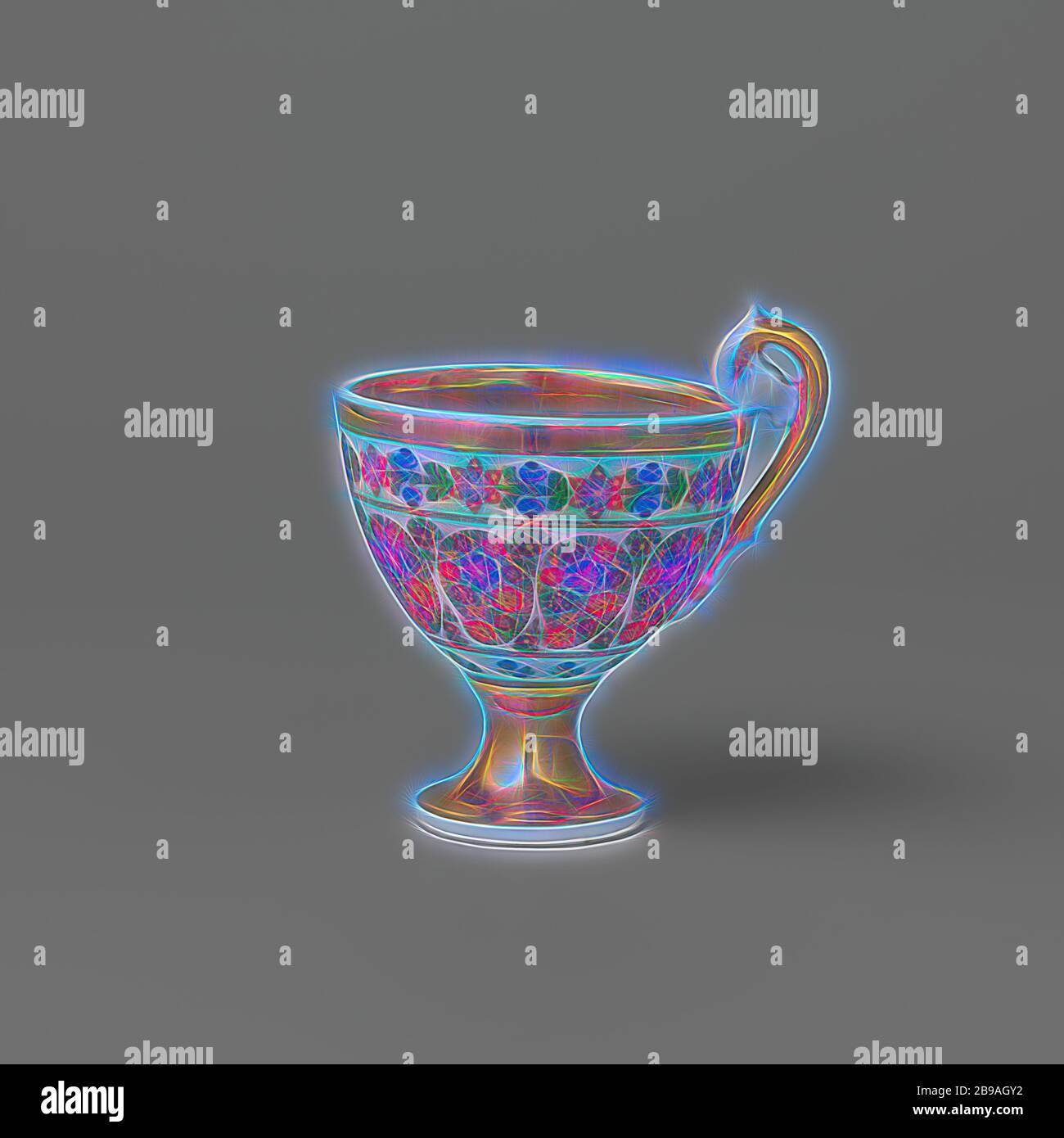 Cup con un fiore pattern, tazza di porcellana su una elevata diffusione di base e un elevato, arricciata orecchio, dipinta su biscotti in blu, rosso, rosa, verde, giallo e nero e sullo smalto oro. La parete esterna è divisa in tre bande orizzontali. La parte inferiore con fiore spray, medio con fiori su una superficie verde (cassa ant o paisley pattern) separati da piccoli spruzzi di fiori e la parte superiore con fiori stilizzati di vitigni. Il piede, una grande parte della parete interna e l'orecchio sono coperti con oro. Contrassegno illeggibile sul fondo., anonimo, Francia, c. 1800 - c. 1810, porcellana (materiale), smalto, oro (metallo), Foto Stock