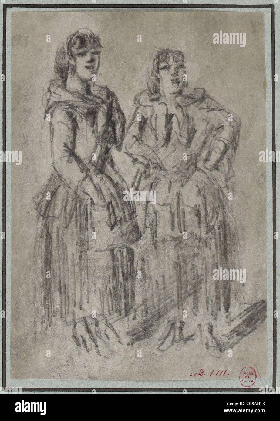 Le donne di studio camminano, le mani nelle tasche del grembiule Foto Stock