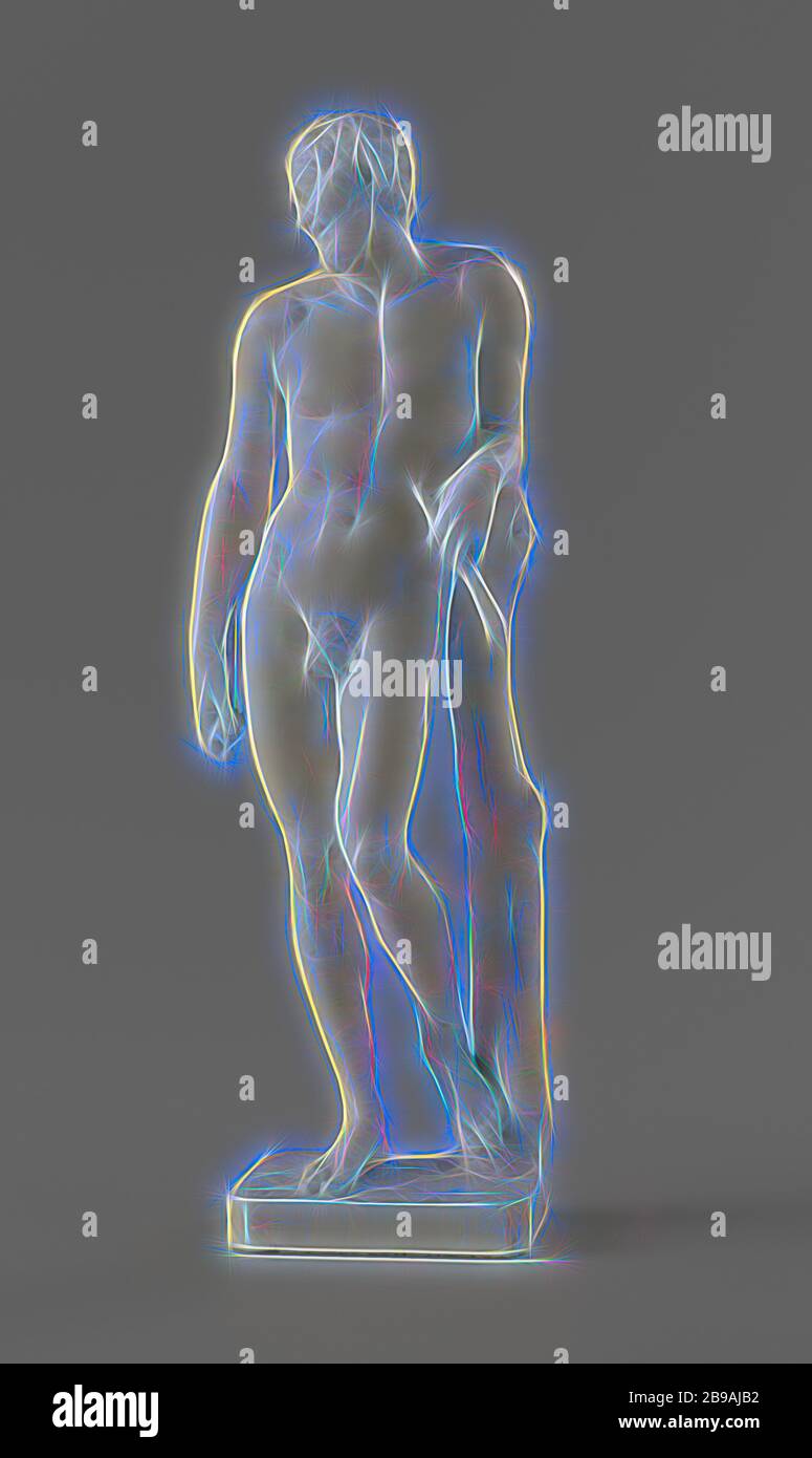 Ninfa e Satyr Satyr, si trova sulla gamba destra e con la sinistra piegata su una tavola rettangolare con angoli angolati e con il braccio sinistro poggia su un moncone contro il quale poggia il piede sinistro. Il braccio destro è sospeso lungo il corpo. Ha un flauto in ogni mano. La testa girata a sinistra, che guarda verso il basso con un sorriso, ha orecchie appuntite, corna corte e ghiandole di capra lungo la barba. La vergogna è coperta da una foglia d'uva. Sul retro una coda, satir (s) (in generale), Jan Baptist Xavy, l'Aia, 1729, avorio, h 20.5 cm, Reimagined by Gibon, disegno di caldo allegro incandescente di bri Foto Stock