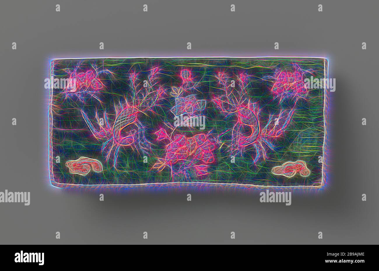 Borsa nel modello busta di velluto verde, su cui una farfalla ricamato in oro filato tra piccoli insetti, rifinito con giallo-rosso del cavo di alimentazione, cotone stampato fodera, bag in busta modello di velluto verde con una farfalla ricamato in oro e filo interdentale sulla parte anteriore tra piccoli insetti, motivi floreali e due uccelli, rifinito con giallo-rosso cavo. Il dorso è di non decorato velluto verde e viene fornita a due terzi del sacchetto, con il bordo superiore finito con rosa punti ricamo. La fodera è realizzata in cotone stampato con piccoli fiori in marrone scuro e rosa, contro uno sfondo di horizonta Foto Stock