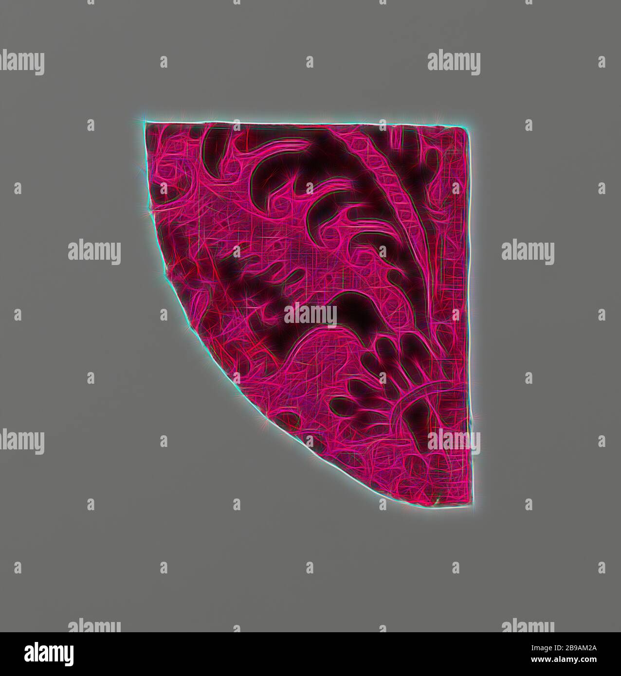 Frammento di velluto di seta rossa e satin, frammento di velluto di seta rossa e raso. Il disegno ha grandi foglie stilizzate in cui piccoli fiori e tra rami di fiore., anonima, Italia (possibilmente), 1700, seta, velluto ciselé, h 22 cm × w 18.7 cm, Reimagined by Gibon, disegno di calda allegra luce incandescente e luminosità raggi radianti. Arte classica reinventata con un tocco moderno. La fotografia ispirata al futurismo, abbracciando l'energia dinamica della tecnologia moderna, del movimento, della velocità e rivoluzionando la cultura. Foto Stock