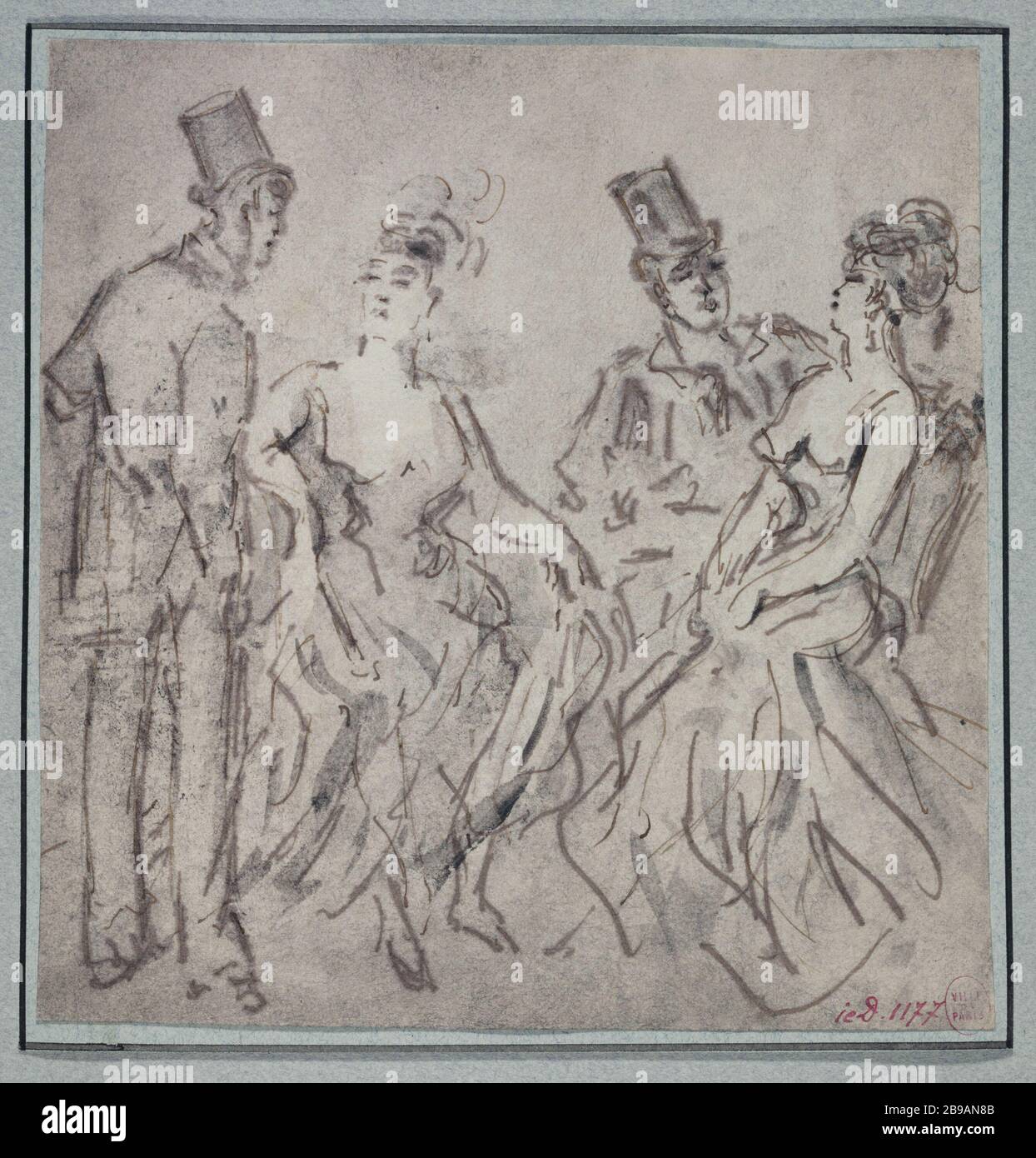 Studio della conversazione di due coppie. Constantin Ernest Adolphe Hyacinthe Guys (1802-1892), dessinateur et peintre français. Etude de deux si accoppia in conversazione. Plume, encré noire, lavis de grisaille. Parigi, musée Carnavalet. Foto Stock