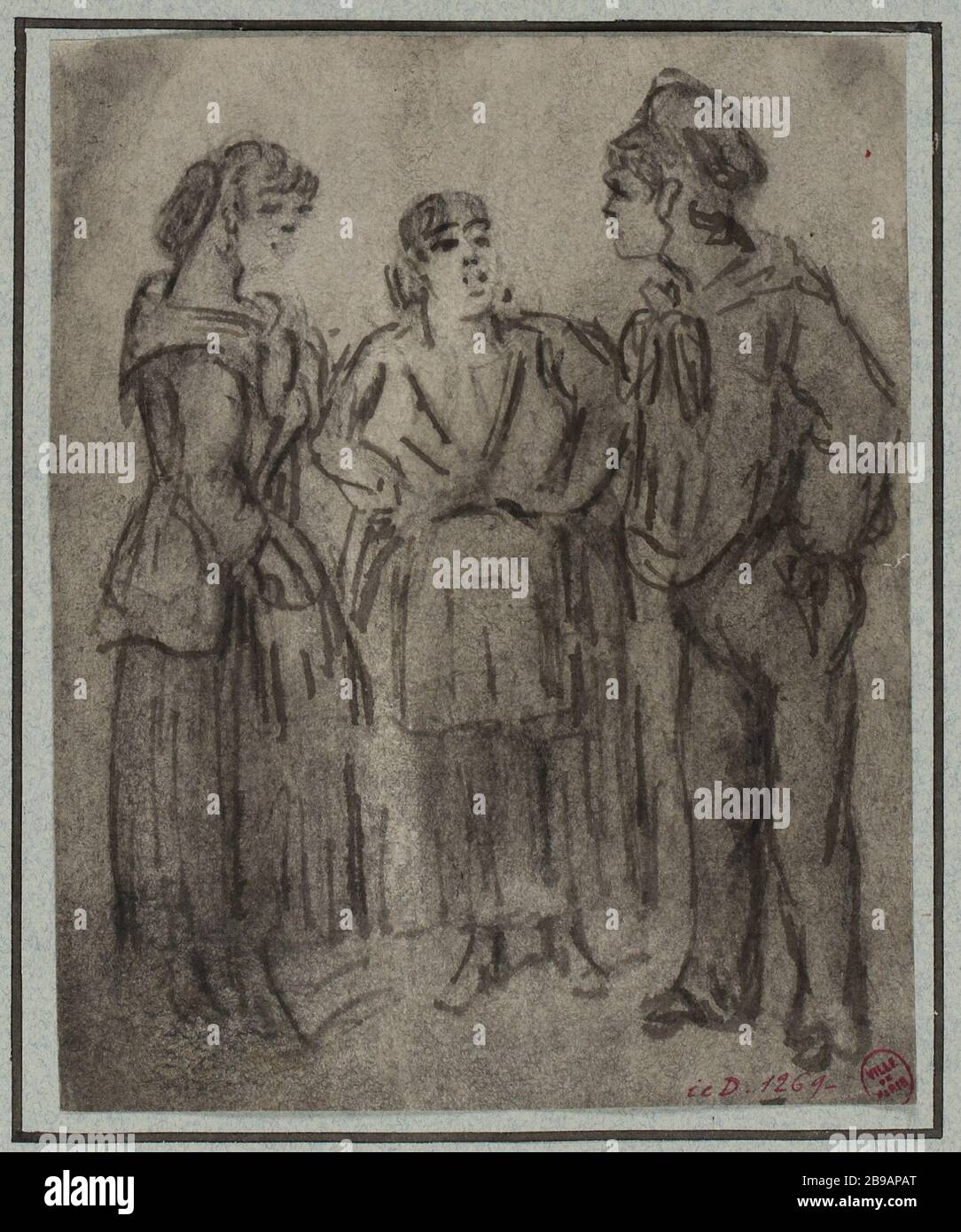 Studio di due donne e un uomo, mani in tasca Foto Stock