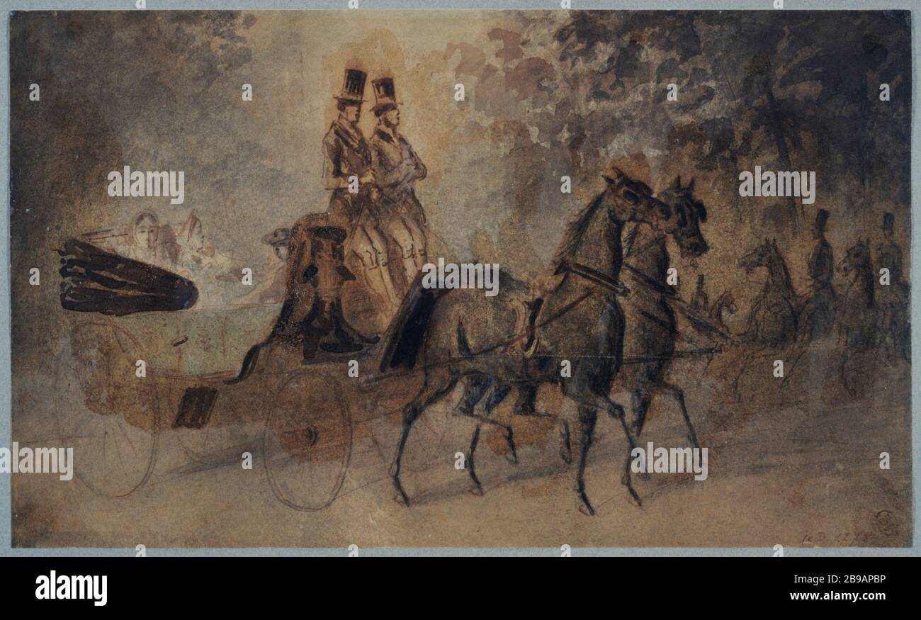 Carrozza e piloti Wood Constantin Ernest Adolphe Hyacinthe Guys (1802-1892), dessinateur et peintre français. Calèche et cavaliers au bois. Pennacchio, encre bistre, lavis d'aquarelle. Parigi, musée Carnavalet. Foto Stock