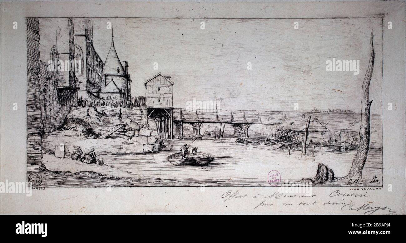 GATEWAY BRIDGE PER CAMBIARE DOPO IL FUOCO CHARLES MERYON (1821-1868). "Passerelle du Pont au Change après l'incendie". Eau-forte, 1860. Parigi, musée Carnavalet. Foto Stock