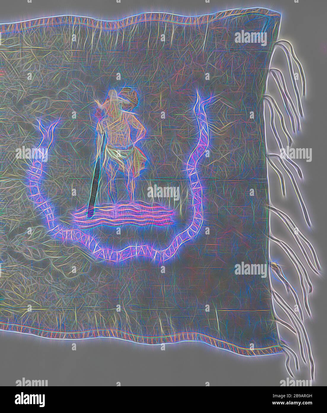 Bandiera di Damasco blu con ricamo di San Cristoffel, un banner con didascalia ricamata sotto il ricamo di San Cristoffel con Cristo bambino: S. CHRISTOFFEL. MODELLO. DAL 'HANTBUS GULDE VAN NISPEN 1729', San Cristoforo, con il Cristo neonato sulle spalle, che guastava attraverso l'acqua e trasportava il suo bastone (palma), a volte un eremita si trova sulla sponda più vicina ad una cappella, una lanterna in mano, anonima, Brabante (possibilmente), 1725 - 1729, seta, ricamo, H 225 cm × l 143 cm h 50 cm × l 54 cm, reinventato da Gibon, design di calda e allegra luce di luminosità e lucentezza Foto Stock