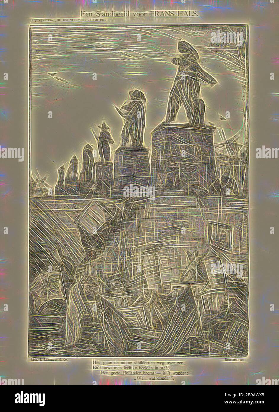 Una statua per Frans Hals (titolo sull'oggetto), UNA statua di Frans Hals è stata eretta in una fila con sculture di Rembrandt, Jan Steen e altri artisti. In primo piano, i dipinti in barca sono trasportati all'estero. In basso un verso a quattro righe. Apparso nel supplemento di 'De Kroniek' del 21 luglio 1895, Frans Hals, en bougt men leelijke beelden ins steê./, een goeie Hollander bromo - is 't wonder:/, Marius Bauer (menzionato sull'oggetto), 21-Jul-1895, carta, h 410 mm × w 300 mm, Reimagined by Gibon, design di calda e allegra luce di luminosità e raggi di luce radianza. Arte classica reinventata con un m Foto Stock