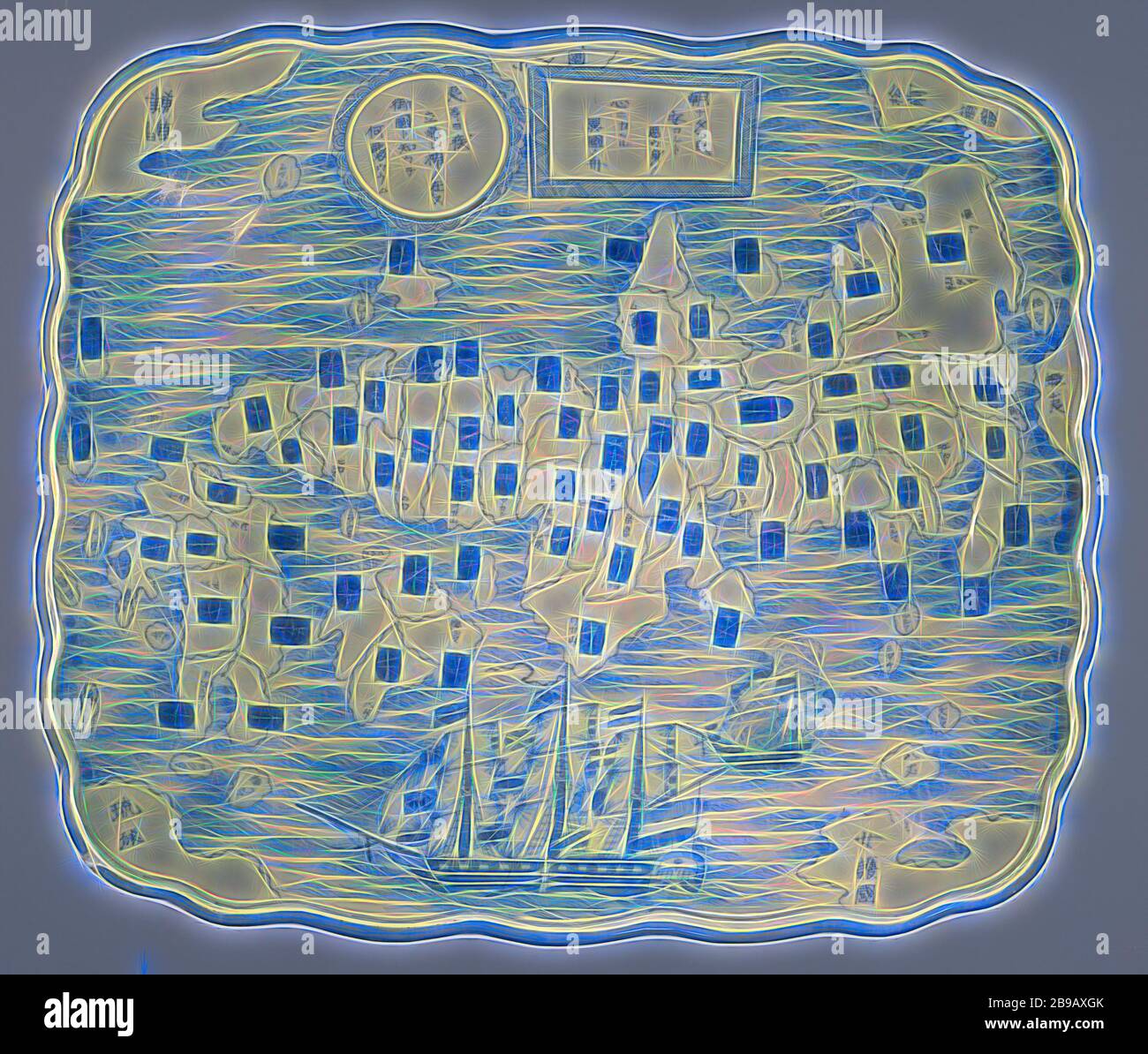 Il piatto con una mappa del Giappone ed iscrizione, rettangolare piatto di porcellana con un bordo ondulato, dipinta in underglaze blu. Sulla parte anteriore di una mappa di Giappone suddivisa in province indicate in blu cartouches. Onde che indicano il mare sono stilizzati intorno alla terra. Due navi straniere si trovano di fronte alla costa. Nella parte superiore di un round e cartiglio rettangolare con la scritta in giapponese: " le navi provenienti da paesi stranieri che riempiono i nostri cuori di giorno e di notte con attenzione per quanto riguarda la pace dei popoli, si barbari tornare immediatamente! Voi sapete che la nostra terra è la terra dove gli dèi risiedono, ma wh Foto Stock