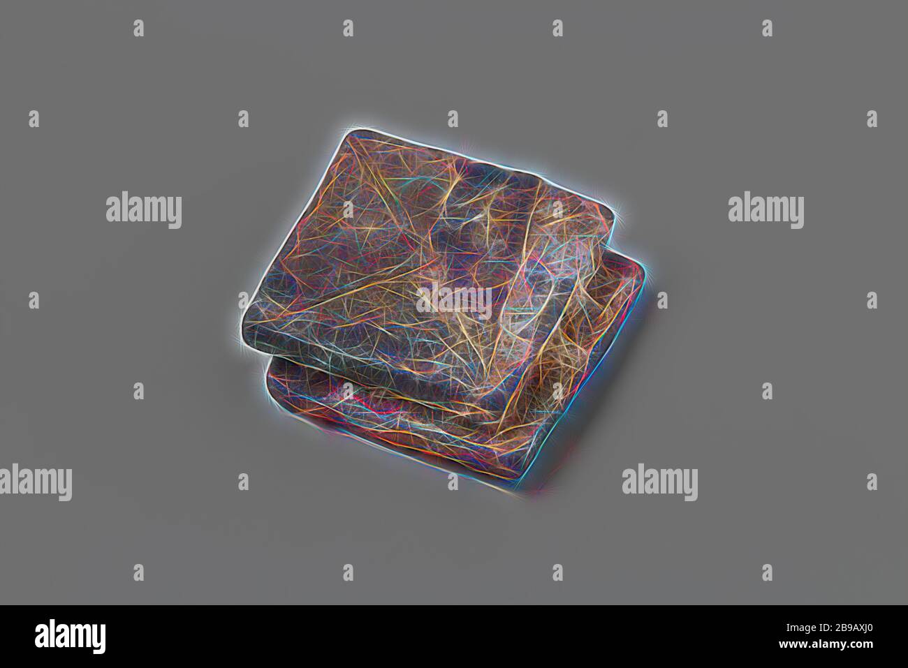 Gioca il gettone dal relitto dell'East Indiamen Hollandia, rettangolare, quadrato, piatto, croce diagonale incisa su un lato, gettone di gioco. Annet, Compagnia Olandese delle Indie Orientali, Hollandia (nave), anonima, Olanda, 1700 - in o prima del 13-Lug-1743, h 2.6 cm × w 2.6 cm × d 0.4 cm, Reimagined by Gibon, design di calda e allegra luce incandescente di luminosità e di radianza dei raggi. Arte classica reinventata con un tocco moderno. La fotografia ispirata al futurismo, abbracciando l'energia dinamica della tecnologia moderna, del movimento, della velocità e rivoluzionando la cultura. Foto Stock