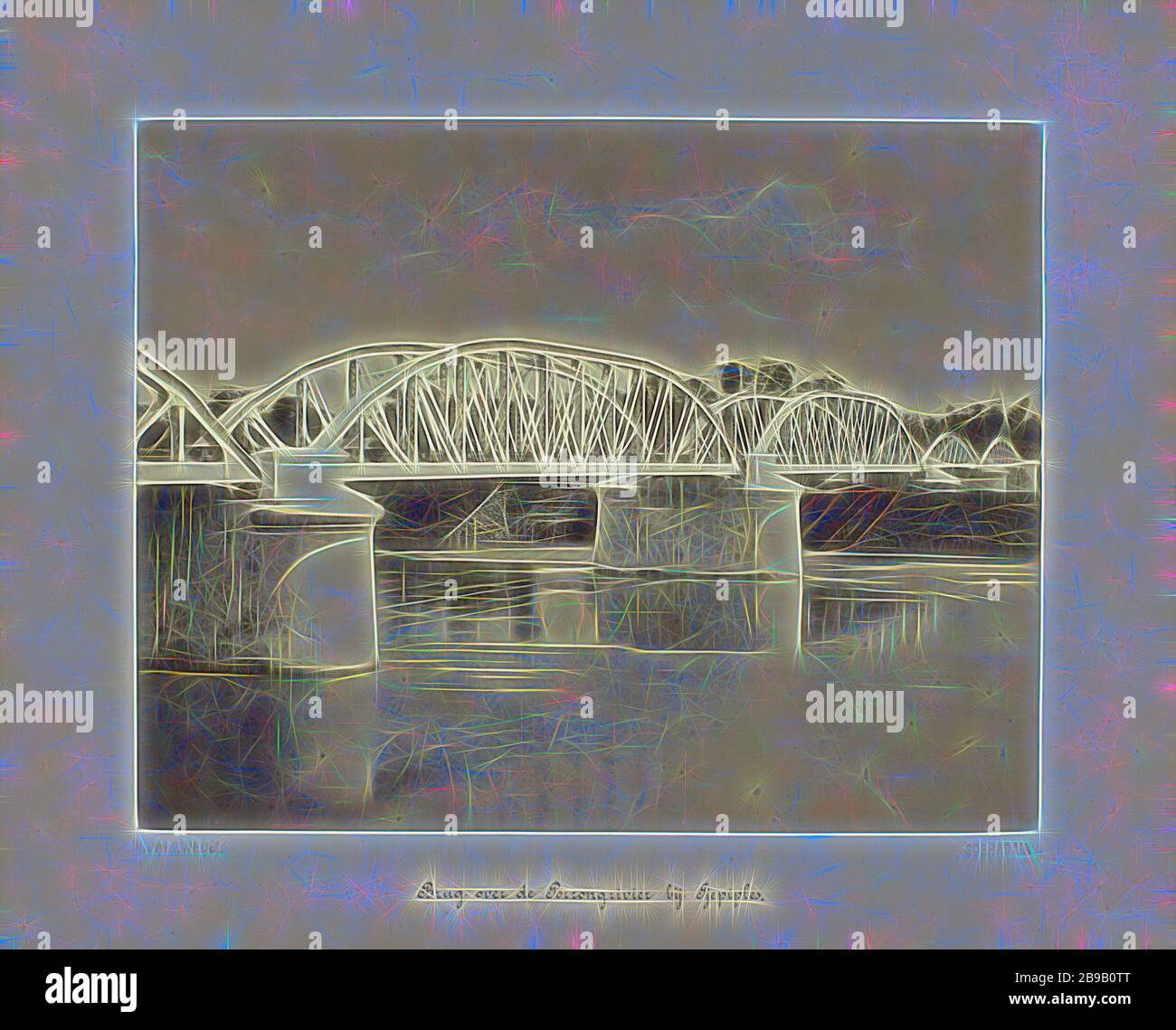 Ponte sul fiume Porrong a Tjepiples (titolo sull'oggetto) Ferrovie statali a Java (titolo della serie), ponte ferroviario sul fiume Porrong a Tjepiples. Parte di un gruppo di 62 foto in una scatola con la scritta "state Railways on Java" del 1888, Porong, Herman Salzwedel (citato sull'oggetto), Surabaya, 1880 - 1888, carta fotografica, stampa albumina, h 215 mm × w 275 mm h 300 mm × w 370 mm, Reimagined by Gibon, design di calda e allegra luce di luminosità e raggi di luce radianza. Arte classica reinventata con un tocco moderno. Fotografia ispirata al futurismo, che abbraccia l'energia dinamica del moderno t Foto Stock