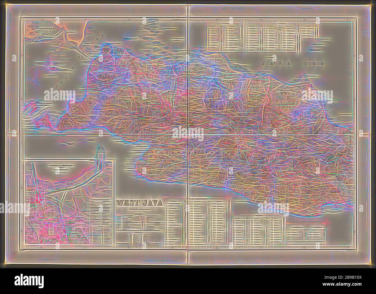 Mappa di Giava Ovest, Mappa di Giava Ovest con una leggenda e una mappa della zona intorno a Batavia. Numerato in alto a sinistra: 3. Con distribuzione dei gradi lungo i bordi, mappe di paesi o regioni separati, West Java, Batavia, Topografische Inrichting (menzionato sull'oggetto), Java, 1905, carta, lino (materiale), h 655 mm × w 920 mm, Reimagined by Gibon, disegno di calda allegra luce e luminosità. Arte classica reinventata con un tocco moderno. La fotografia ispirata al futurismo, abbracciando l'energia dinamica della tecnologia moderna, del movimento, della velocità e rivoluzionando la cultura. Foto Stock