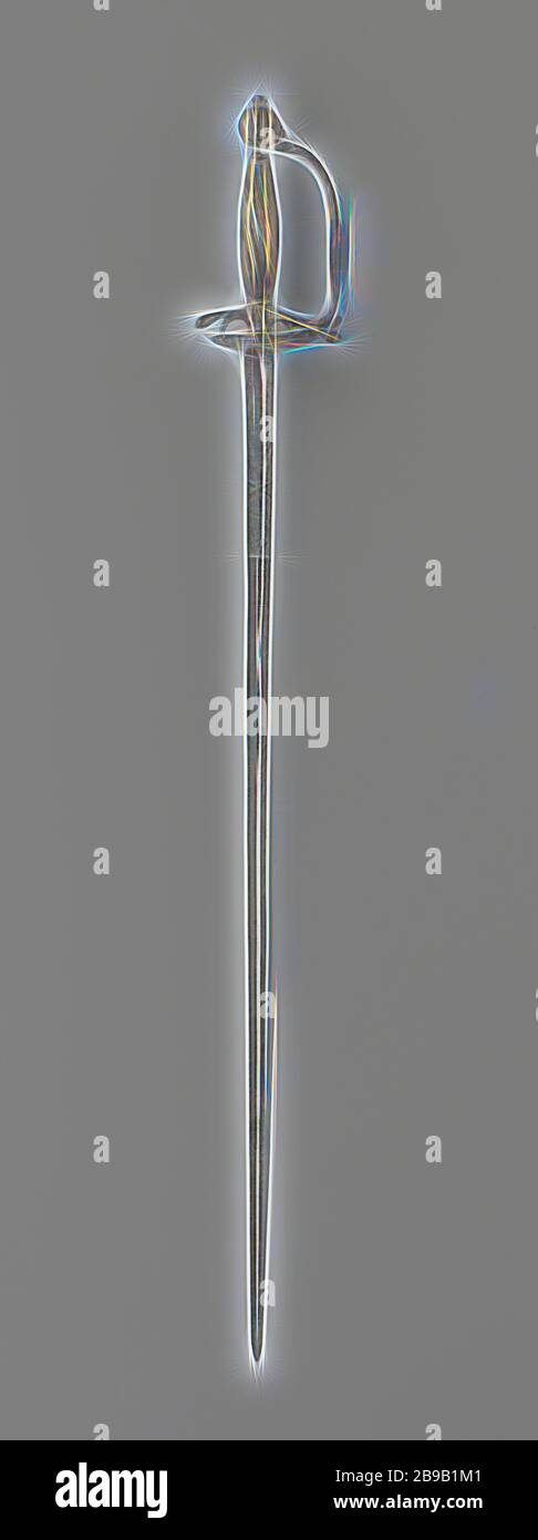 Pasta ornamentale con lilo d'argento per un bambino, il giubbotto 'boat' è fatto di argento fuso in stile pleated e stampato con le lettere GH. La lama è a doppio taglio e ha una sezione ovale che termina esagonale, la cima è incisa con arabeschi, motivi di lavoro e un pannello con un putto in esso, e cesellato con un fiore e due paternosters., Gerrit Hoying, Amsterdam, c. 1750, argento (metallo), ferro (metallo), attacco, l 59,5 cm l 47,5 cm × w 1,4 cm w 184 gr, Reimagined by Gibon, disegno di calda luce allegra di luminosità e raggi luminosi. L'arte classica reinventata con uno twis moderno Foto Stock