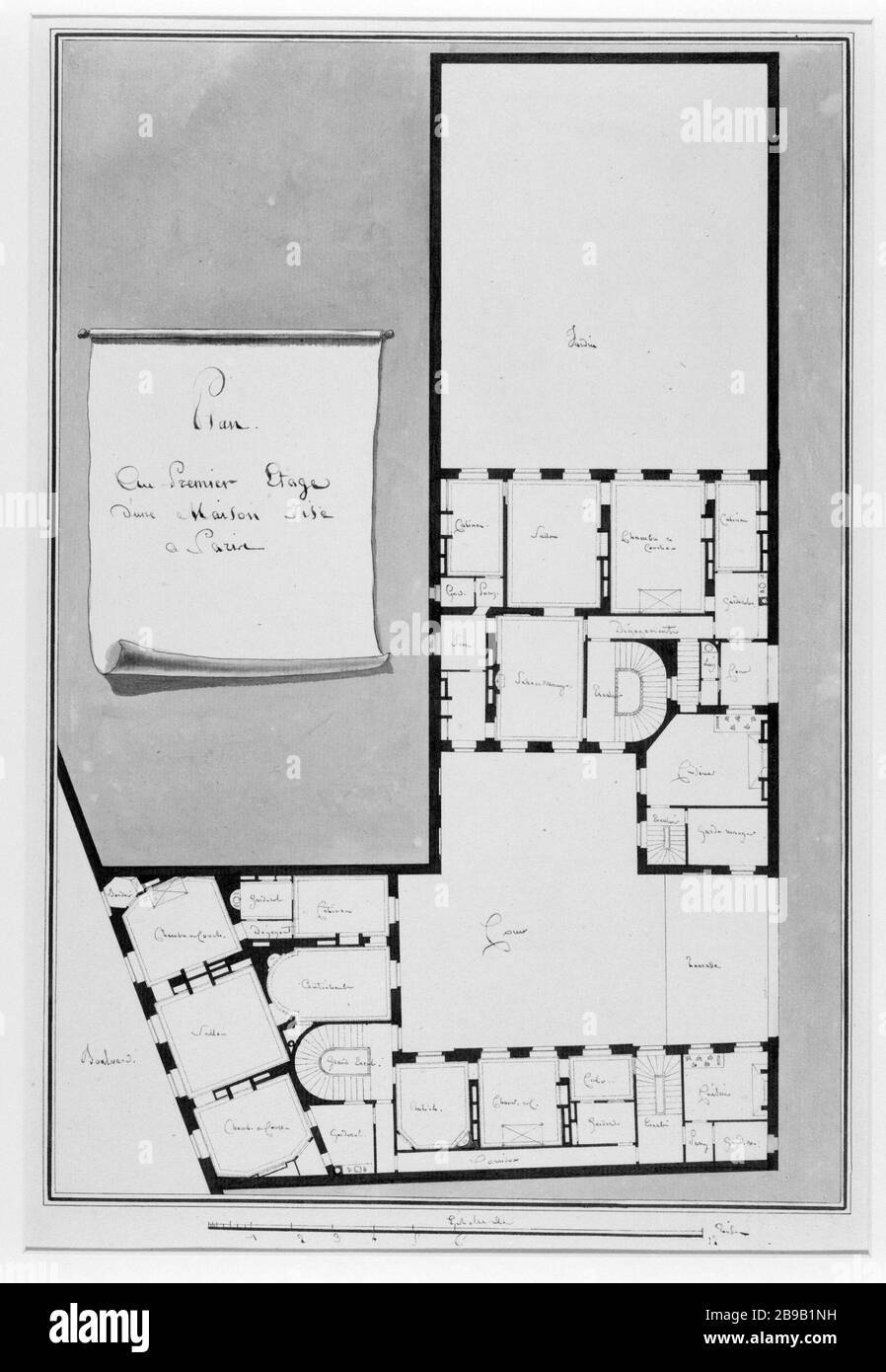Piano primo di una casa situata a Parigi Jean-Benoit-Vincent Barré (1735-1824). "Plan au Premier étage d'une maison sise à Paris". Plume et lavis, fin du XVIIIe. Parigi, musée Carnavalet. Foto Stock