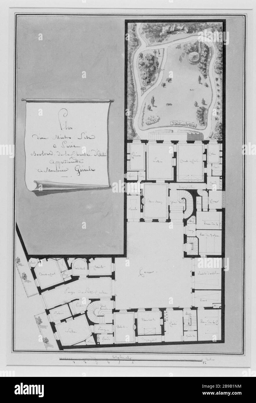 Piano di una casa appartenente al Sig. Girault Jean-Benoit-Vincent Barré (1735-1824). 'Plan d'une maison appartenant à Monsieur Girault.'. Plume et lavis, fin du XVIIIe. Parigi, musée Carnavalet. Foto Stock