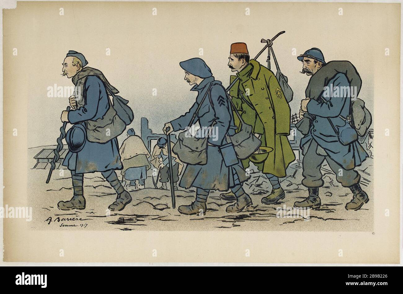 Soldati marzo Gruppo Adrien Barrère. "Groupe de soldats en marche". Lithographie couleur. 1917. Parigi, musée Carnavalet. Foto Stock