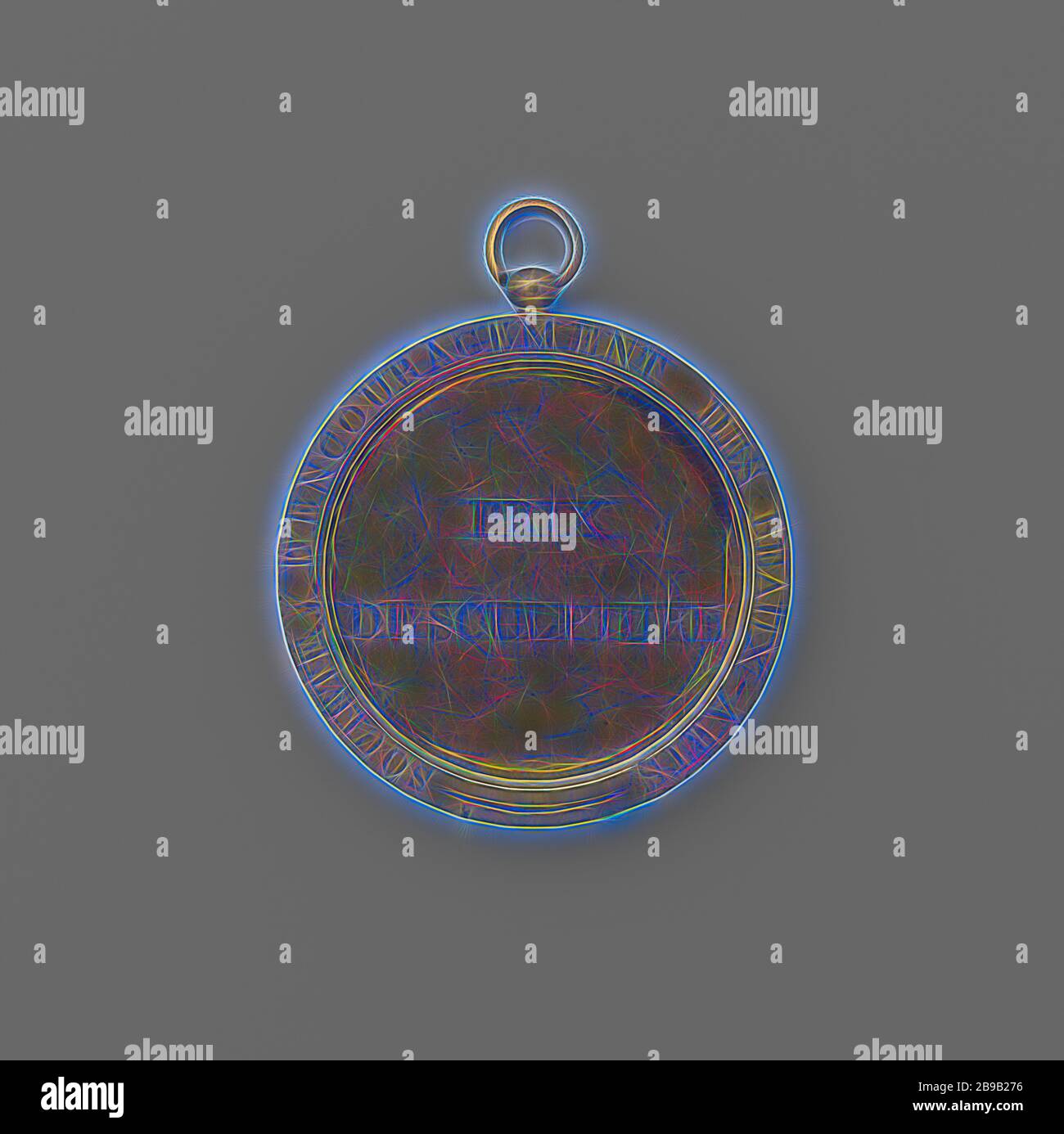 Medaglia onoraria a Louis Royer per aver vinto il Prix de Rome Concours Antwerp 1816, medaglia assegnata a Louis Royer, medaglia di bronzo con iscrizioni su entrambi i lati, con anello e occhio arrotondato., Anversa, Louis Royer, anonimo, 1816, bronzo (metallo), d 5,85 cm × w 58,88 gr, reimmaginata da Gibon, design di calore allegro di luminosità e raggi di luce radianza. Arte classica reinventata con un tocco moderno. La fotografia ispirata al futurismo, che abbraccia l'energia dinamica della tecnologia moderna, del movimento, della velocità e rivoluziona la cultura. Foto Stock