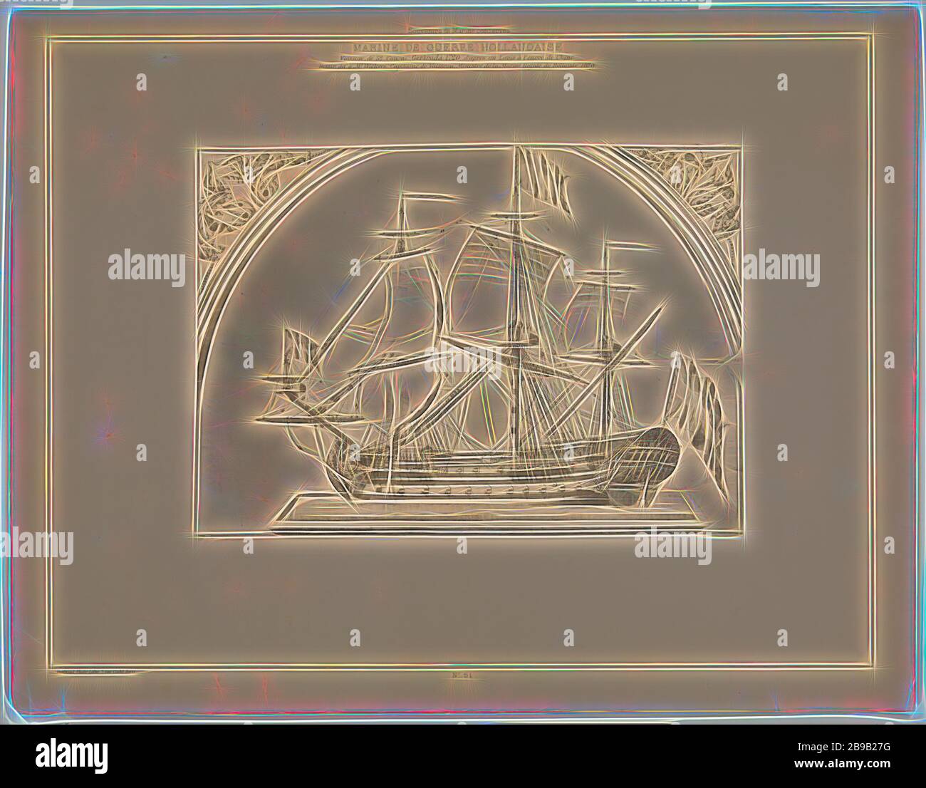 Modello di nave Geertruda 1720 Marine de guerre Hollandaise (titolo su oggetto) souvenir de Marine conservés: Raccolta di piani o disegni di marine esistants ou denigrus ... (Titolo della serie), modello di nave della nave da guerra olandese ' Gertruda 'di 52 pezzi dal 1720. Decorato con acanthus nell'angolo in alto a sinistra e a destra. Piastra 51 da 'souvenirs de Marine Conservés ...', modello di nave, nave a vela, barca a vela, Hendrikus Octavius Wichers (menzionato sull'oggetto), 1882, carta, inchiostro, fotolitografia, h 448 mm × w 556 mm, Reimagined by Gibon, disegno di calore allegro luce luminosa e raggi radianc Foto Stock