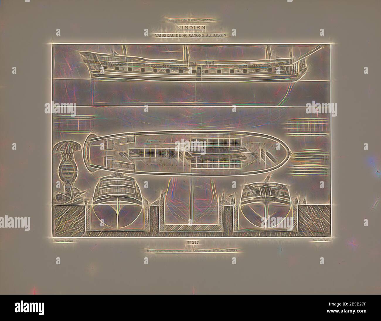 L'Indien (titolo su oggetto) souvenir de Marine conservés: Raccolta di piani o disegni di marine esistants o denigratori ... (Titolo della serie), sei diverse viste della nave 'l'Indien' con 40 canonici, costruito ad Amsterdam nel 1778-1779. A un disegno colorato. Piastra 277 da 'souvenirs de Marine Conservés ...', Berthaud Frères (menzionato su oggetto), Parigi, 1892, carta, inchiostro, fotolitografia, h 442 mm × w 566 mm, Reimagined da Gibon, design di calore allegro di luminosità e raggi di luce radianza. Arte classica reinventata con un tocco moderno. Fotografia ispirata al futurismo, che abbraccia l'en dinamico Foto Stock