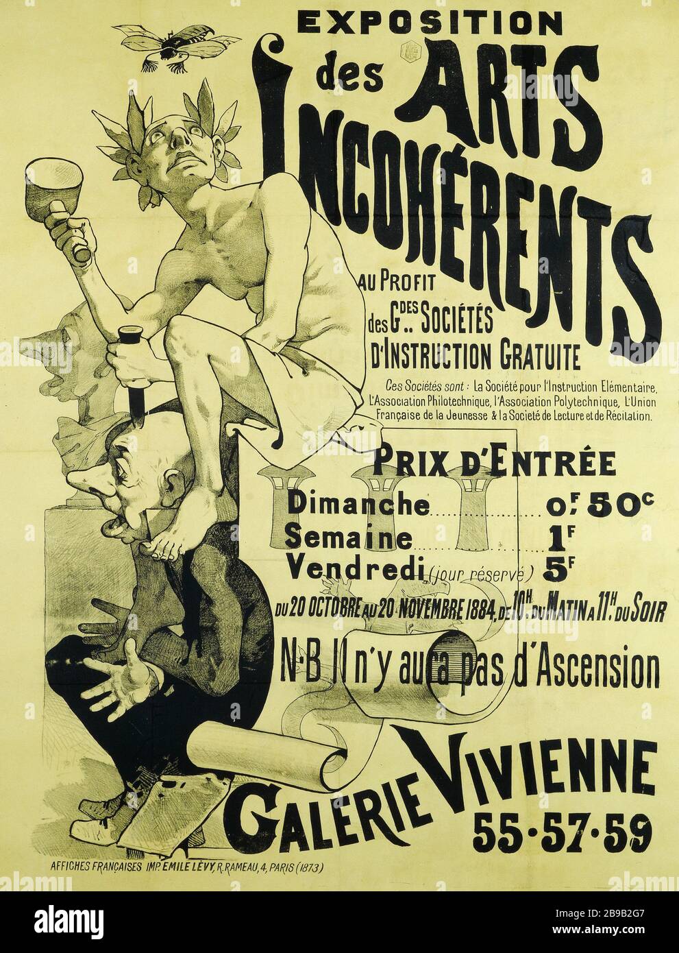 MOSTRA DI ARTE INCOERENTE, GALERIE VIVIENNE 55-57-59 Léon Choubrac (dit Hope, 1845-1885). Emile Lévy. Exposition des Arts Incohérents, Galerie Vivienne 55-57-59. Affiche. Lithographie noir et blanc et tygraphie, 1884. Parigi, musée Carnavalet. Foto Stock