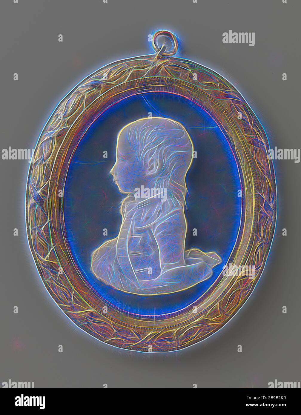 Medaglione con ritratto di Willem Frederik di Oranje-Nassau, busto in rilievo del ragazzo in profilo a sinistra. Egli indossa una veste abbottonata-giubbotto giù con una camicia aperta sulla parte superiore. Di seguito egli indossa una camicetta con pizzo lungo il collare e un piccolo jabot. Intorno alla vita è un indumento di pelliccia con tessili. Indossa i capelli al di sopra del collare. Il ritratto è bianco e ha una viola-blu, cosiddetto Jasperware. Il telaio è decorato con due bordi di perla e un bordo con motivi a foglia e nastro intorno ad esso. L'iscrizione. Retromarcia: Willem Frederik Er Prins. Contrassegnato. Inverso :, m.o .: WEDGWOOD, ho Willem Frederik ( Foto Stock