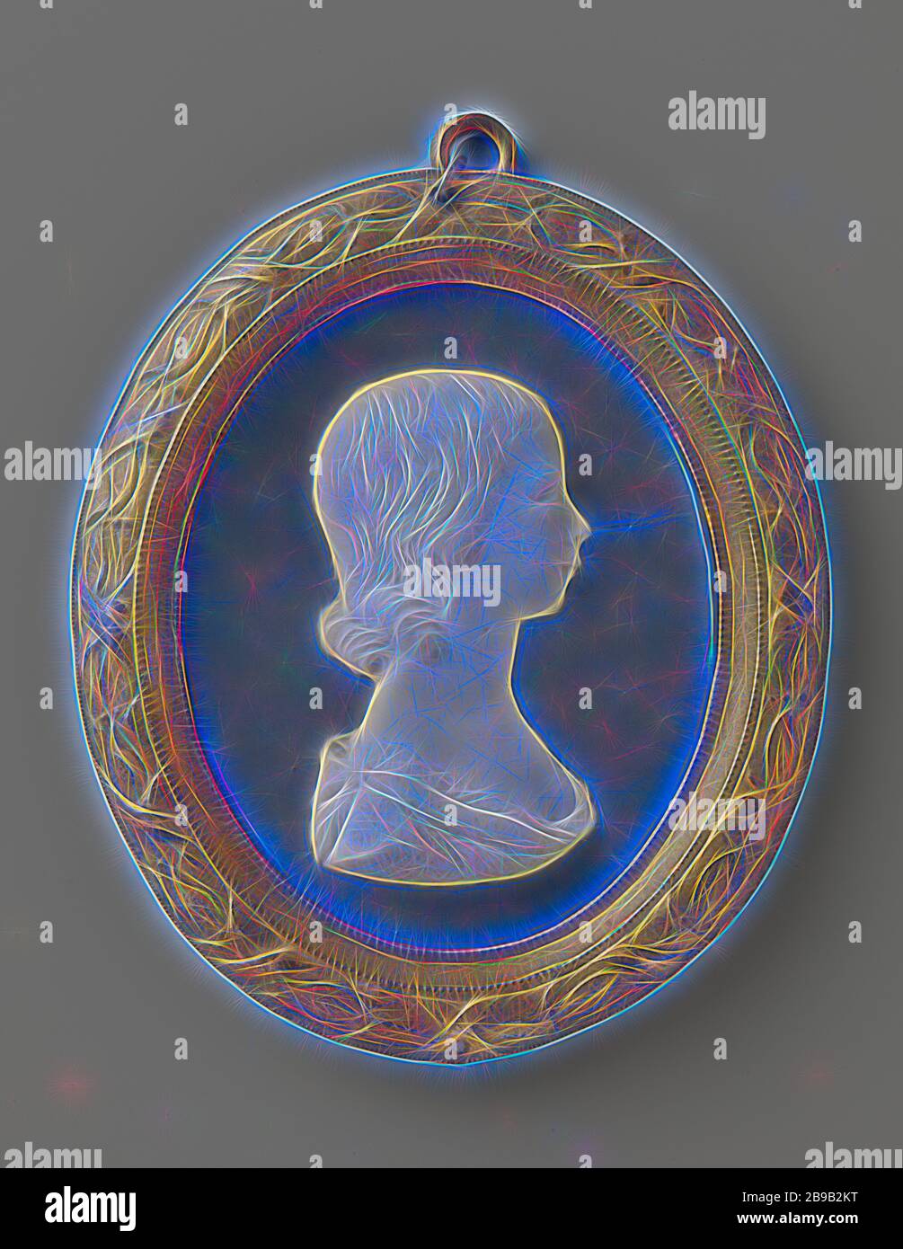 Medaglione con ritratto di Frederica Louise Wilhelmina di Orange-Nassau, busto in rilievo della ragazza di profilo a destra. Indossa e decollected jabon con il pin o il pulsante sulla spalla. Il pelo cade in riccioli intrecciati nel collo. Il ritratto è bianco e ha una viola-blu, cosiddetto Jasperware. Sul retro vi sono due disposti verticalmente fori in background. Il telaio è decorato con due volte una perla di confine e attorno ad esso un bordo decorato con motivi a foglia e nastro. Iscrizione retromarcia: Frederique Louise / Willemine. Contrassegnati, timbrati sul lato posteriore, incl .: WEDGEWOOD Foto Stock