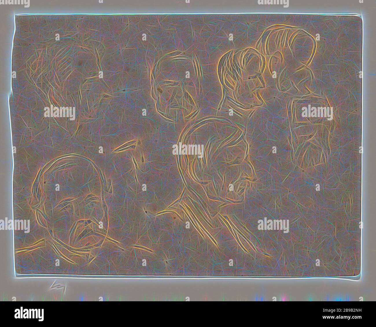 Sette ritratti di MPs, carta di schizzo con sette studi di uomini, probabilmente MPs. Studio preliminare per un cartone animato politico, politico, ad esempio leader del partito, persone storiche non note per nome, Paesi Bassi, Stati generali, Johan Michael Schmidt Crans, 1875 - 1895, carta, matita, h 106 mm × w 140 mm, Reimagined by Gibon, disegno di calore allegro di luminosità e raggi di luce radianza. Arte classica reinventata con un tocco moderno. La fotografia ispirata al futurismo, che abbraccia l'energia dinamica della tecnologia moderna, del movimento, della velocità e rivoluziona la cultura. Foto Stock