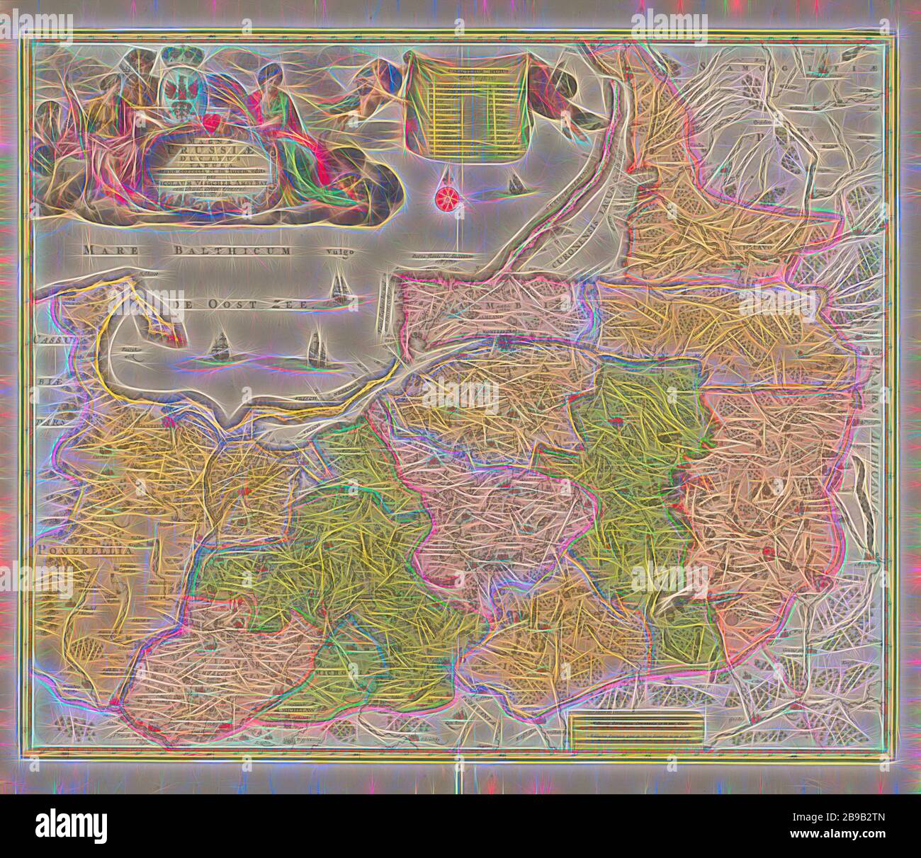 Cartografia nei Paesi Bassi, mappa della Prussia, mappa della Prussia, aree colorate. L.b .: Iscrizione circondata da figure allegoriche. Leggenda di M.B. tenuta da due putti, appena sotto una rosa della bussola. Navi firmate in mare, montagne, alberi ed edifici. Scala in tedesco e polacco miglia. Giallo rimmed. (1: 700 000). Iscrizione, Ib .: MAGNAE / PRUSSIAE / DUCATUS / TABULA. Firmato, l.b .: Per / NICOLAUM VISSCHER AMST: BAT:, Nicolaes Visscher (i), Amsterdam, 1650 - 1700, carta, incisione, h 43.1 cm × w 52.9 cm, Reimagined by Gibon, disegno di calore allegro di luminosità e raggi di luce radiano Foto Stock