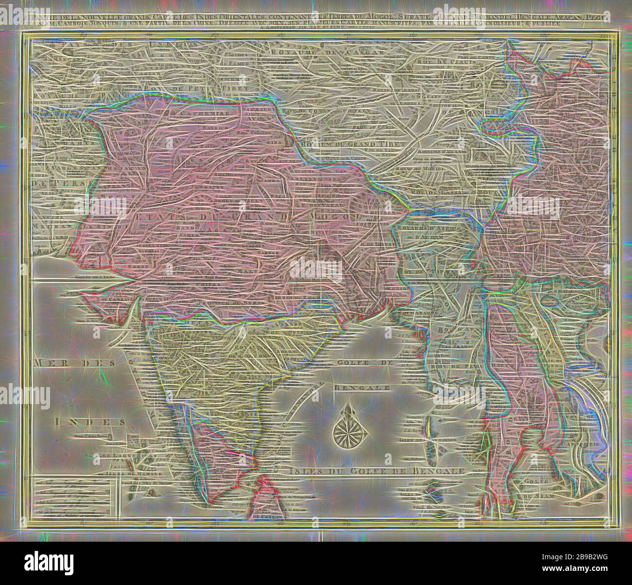 Mappa di Asia Del sud 1 Partie de la nouvelle grande carte Des Indes Orientales: contenant Les Terres Du Mogol, Surate, Malabaresi, Cormandel, Bengale, Aracan, Pegu, Siam, Camboje, Tonquin & une partie de la Chine / dressée avec soin, sur plusieurs cartes manuscrites (titolo in oggetto), mappa del sud Asia, in diverse parti del paese colorato in modo diverso, centro inferiore rosa dei venti, in basso a sinistra scala in tedesco, spagnolo e francese miglia e miglia da Malabar e Cormandel ( 1: 8 miglia), mappe di distinti paesi o regioni, India, Sri Lanka, Bangladesh, Thailandia, Birmania, Cambogia, Vietnam, Indo-China, Ja Foto Stock