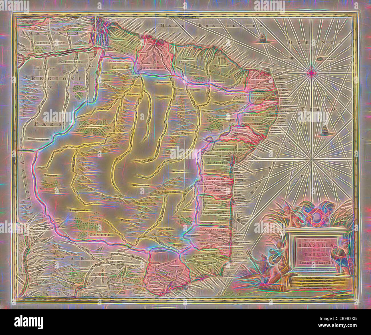 Mappa del Brasile, Nova et accurata Brasiliae totius tabula (titolo su oggetto ), delimitata in giallo, aree colorate, due navi in mare, montagne, alberi ed edifici disegnati su terra. Alto a destra bussola rosa, in basso a destra titolo con cinque putti e Poseidon con tridente, con scala di iscrizione in tedesco, spagnolo e francese miglia, mappe di paesi o regioni separati, Brasile, Johannes Willemszoon Blaeu (menzionato su oggetto), 1735 - 1745, carta, incisione, h 505 mm × w 600 mm, Reinventata da Gibon, design di calda luce allegra di luminosità e raggi di luce radianza. La classica arte reinventata con una modalità Foto Stock