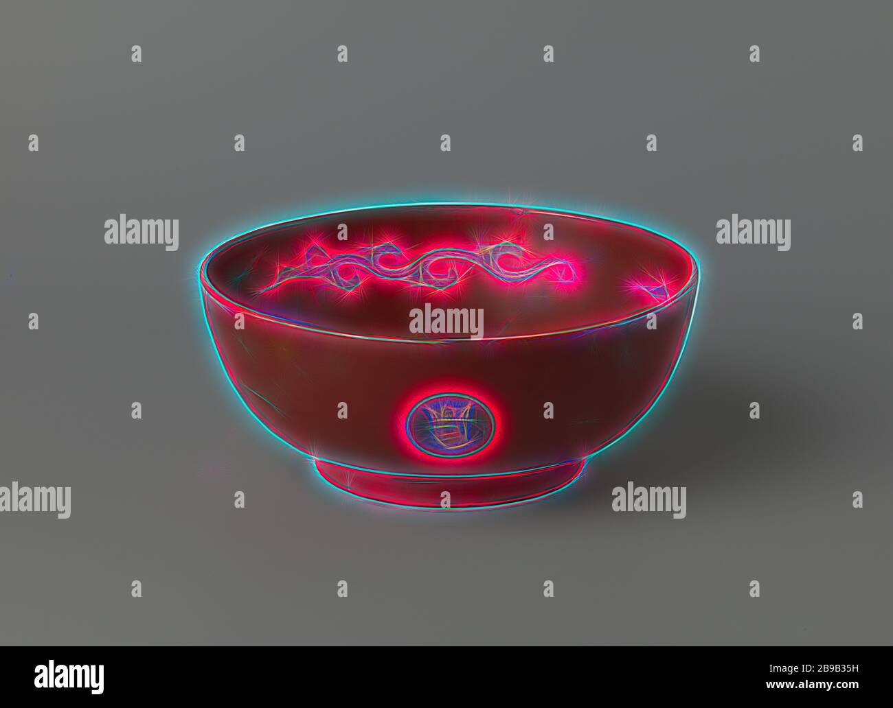 Ciotola laccata rossa in legno, ciotola in legno profondo su un anello del piede, interamente laccata rossa tranne l'anello nero del piede. Decorato all'esterno con tre medaglioni rotondi con ritratti dell'uomo orientale a colori e oro, contro la parete interna tre volte un singolo motivo di rango, Gambon, 1700 - 1799, legno (materiale vegetale), lacca (rivestimento), vernice ad olio (vernice), laccatura, h 9.8 cm × d 23,6 cm, Reimagined by Gibon, design di calore allegro di luminosità e raggi di luce radianza. Arte classica reinventata con un tocco moderno. Fotografia ispirata al futurismo, che abbraccia l'energia dinamica della t moderna Foto Stock