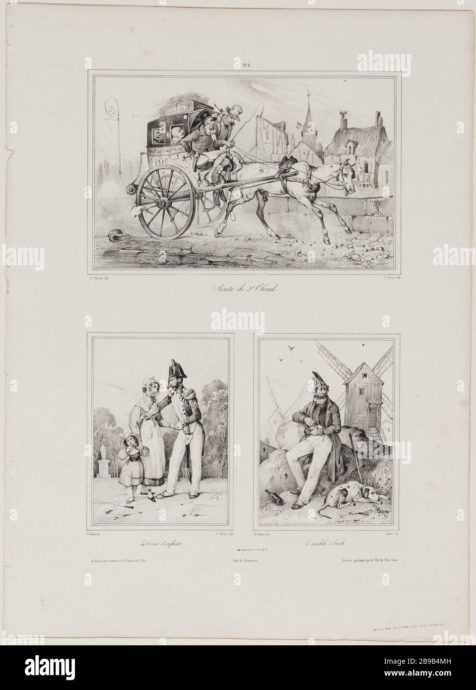 Album Scenes and Costumes Various Route de St. Cloud / The Nanny / The Cotton model Jean-Victor Adam, dit Victor Adam (1801-1866), peintre et lithographe français. Album 'Scènes et Costumes Divers' : Route de St. Cloud la bonne d'enfant le modèle à barbe. Lithographie en noir et blanc, XIXème siècle. Parigi, musée Carnavalet. Foto Stock