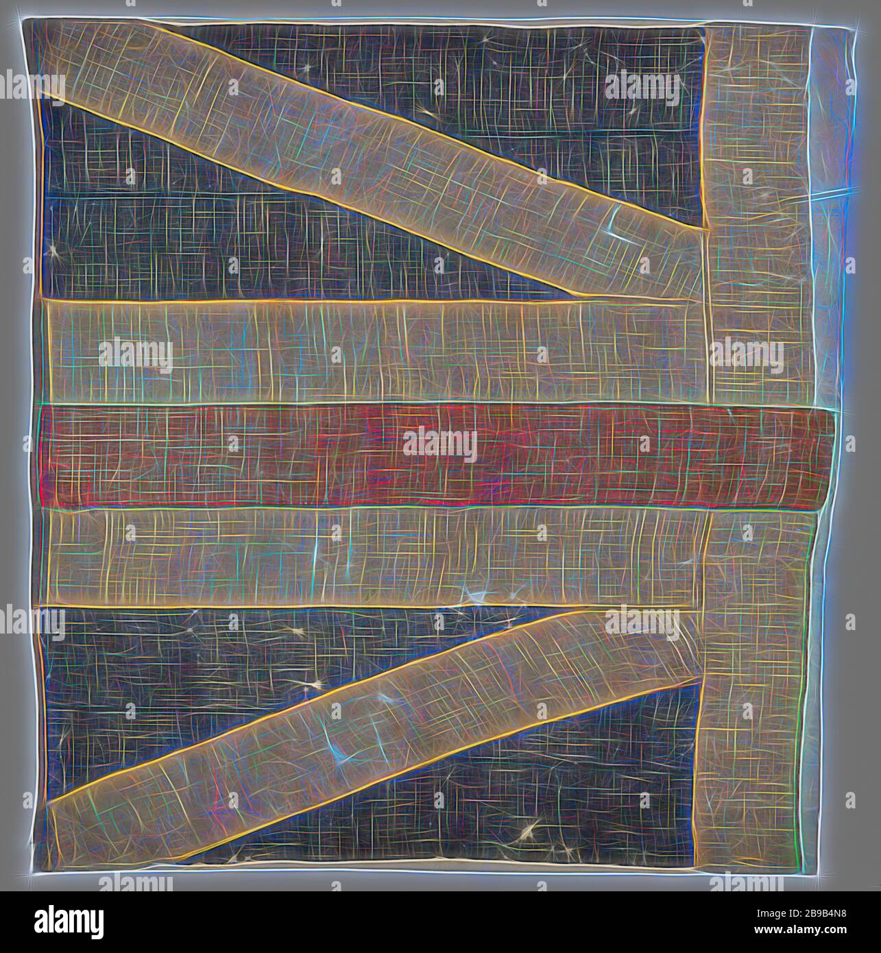 Frammento di una bandiera di nave, metà sinistra della bandiera di una nave, blu con un rosso in una croce bianca su una croce bianca di Andries. Questa è una bandiera dell'Unione inglese del periodo 1606-1700, bandiera, colori (come simbolo dello stato, ecc.), Inghilterra, Royal Navy, anonimo, 1606 - 1700, lana, h 402 cm × w 425 cm, reimmaginata da Gibon, design di calore allegro di luminosità e raggi di luce radianza. Arte classica reinventata con un tocco moderno. La fotografia ispirata al futurismo, che abbraccia l'energia dinamica della tecnologia moderna, del movimento, della velocità e rivoluziona la cultura. Foto Stock