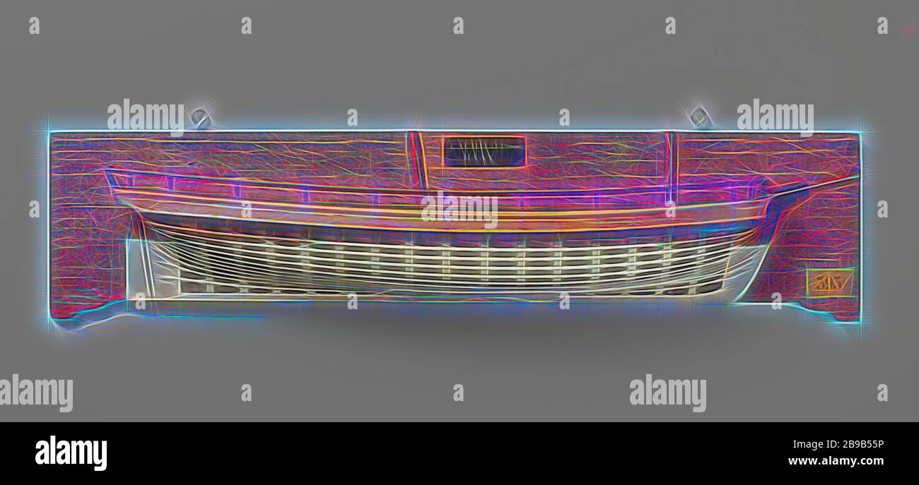 Modello Half o Schooner a 3 Gun, modello di stampo policromato (tribordo) di un modello a due montanti. La pelle sopra il barwood è chiusa, la nave ha una ringhiera. Specchio ritorto, wulf cavo, nessun dettaglio di recinzione, nessuna galleria laterale, sterne che cadono fortemente, timone dritto con il re quadrato del timone. Velato ascendente ad entrambe le estremità, un barwood e un cervo. Capriate a picco. L'albero grande si inclina all'indietro, l'albero di allevamento è quasi verticale., Cachelot (nave), Shark (nave), anonimo, Rotterdam (possibilmente), c. 1800, legno (materiale vegetale), h 21,4 cm × w 83,3 cm × d 9,6 cm, Reimagined by Gibon, design di caldo allegro incandescente Foto Stock
