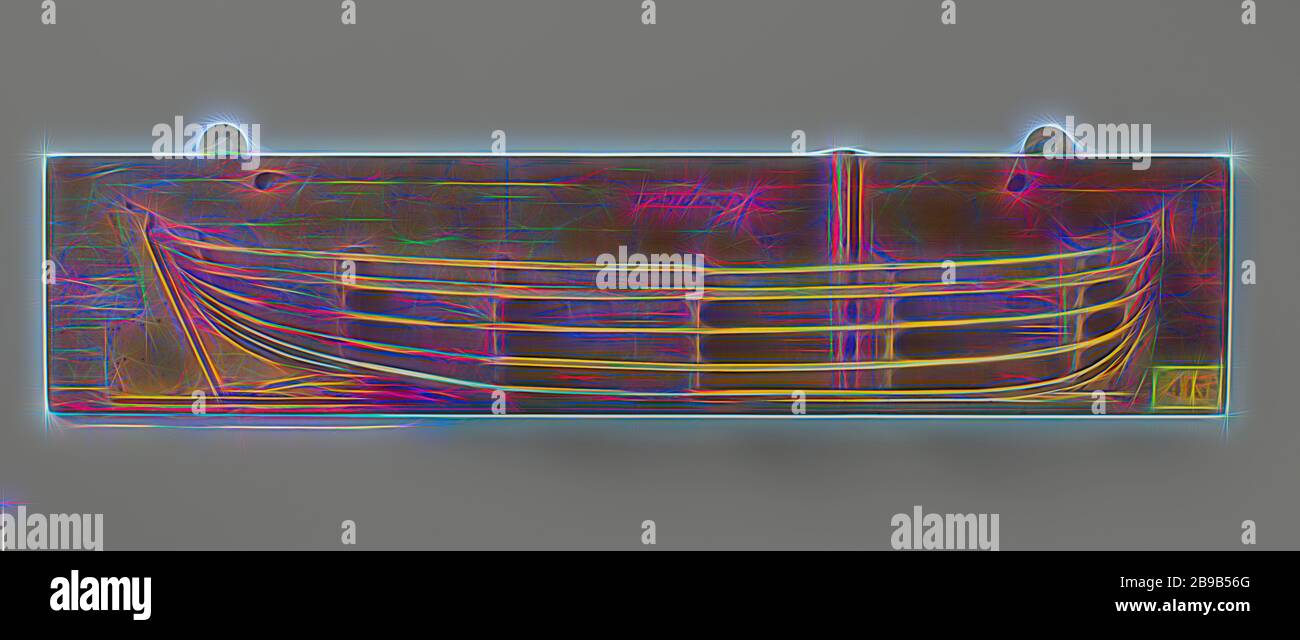 Mezzo modello di gunboat. Poppa rotonda, poppa inclinata, timone largo. Fondo piatto. La velata è quasi piatta., Scorpione (nave), anonimo, Paesi Bassi, c. 1796, legno (materiale vegetale), h 20,6 cm × w 84,7 cm × d 12 cm, Reimagined by Gibon, disegno di calore allegro di luminosità e raggi di luce radianza. Arte classica reinventata con un tocco moderno. La fotografia ispirata al futurismo, che abbraccia l'energia dinamica della tecnologia moderna, del movimento, della velocità e rivoluziona la cultura. Foto Stock