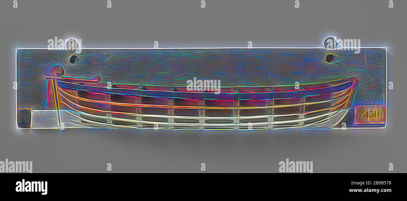 Modello mezzo di un modello di stampo policromato Landing Craft (tribordo) di una sloop a foro appuntito, timone largo con timone. La velata corre fino a entrambe le estremità. Doppio telaio articolato., anonimo, Paesi Bassi, 1780 - 1820, legno (materiale vegetale), h 15.5 cm × w 62.2 cm × d 9.5 cm, reimmaginata da Gibon, design di calore allegro di luminosità e raggi di luce radianza. Arte classica reinventata con un tocco moderno. La fotografia ispirata al futurismo, che abbraccia l'energia dinamica della tecnologia moderna, del movimento, della velocità e rivoluziona la cultura. Foto Stock