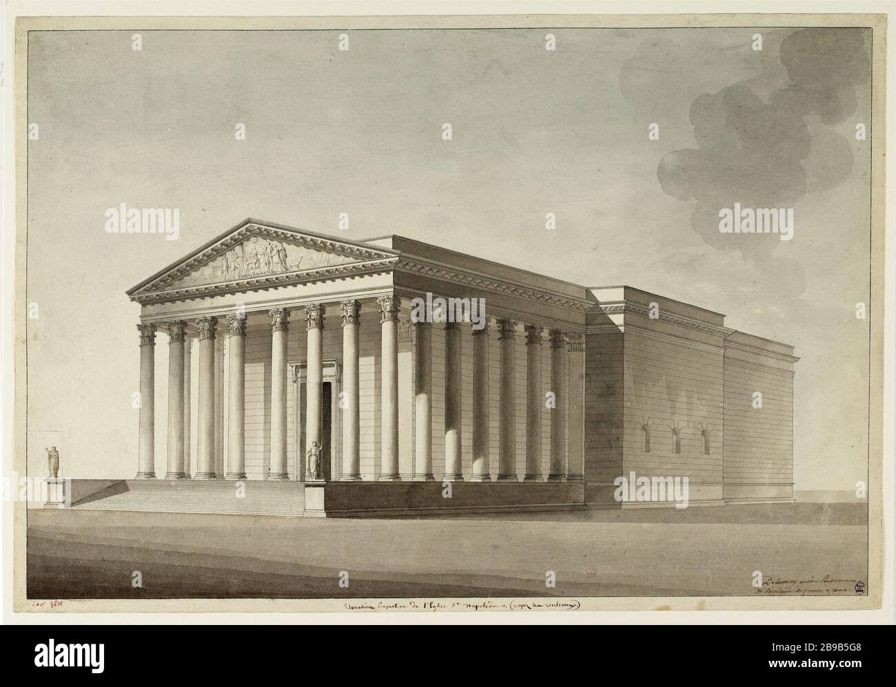 Progetto completamento della Chiesa della Madeleine assegnato ad un tempio alla gloria di Napoleone nel 1805. 5° distretto. Ferdinand Delannoy (1822-1887) e Jacques François (1755-1835). Projet d'achèvement de l'Eglise de la Madeleine affectée à un tempiale à la Gloire par Napoléon it 1805. 5ème circondario. Lavis de couleur au trait. Parigi, musée Carnavalet. Foto Stock