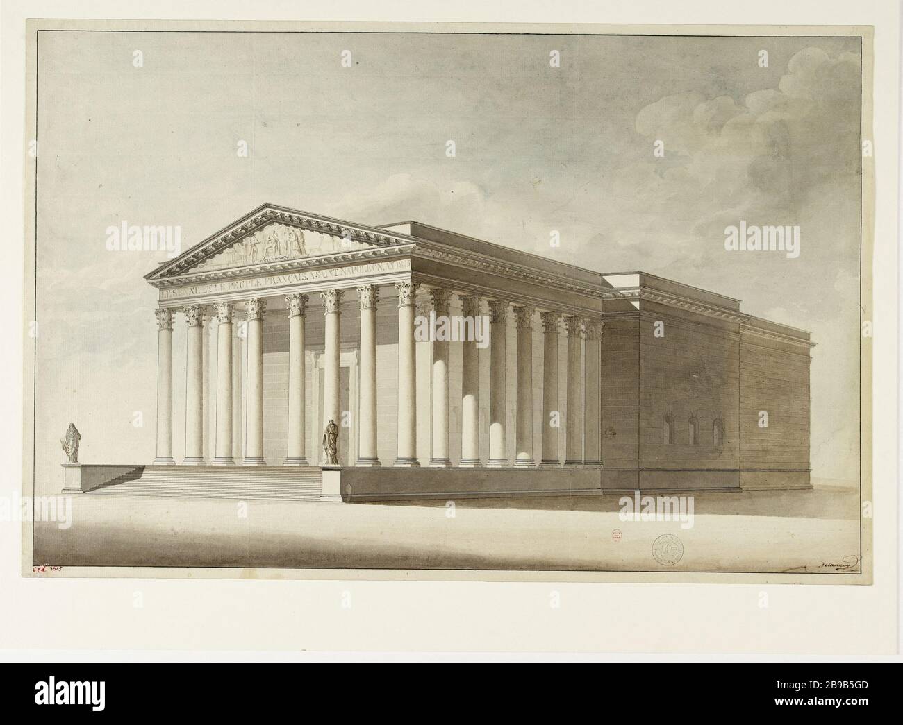 Progetto completamento della Chiesa della Madeleine assegnato ad un tempio alla gloria di Napoleone nel 1805. 5° distretto. Ferdinand Delannoy (1822-1887) e Jacques François (1755-1835). Projet d'achèvement de l'Eglise de la Madeleine affectée à un tempiale à la Gloire par Napoléon it 1805. 5ème circondario. Lavis de couleur au trait. Parigi, musée Carnavalet. Foto Stock