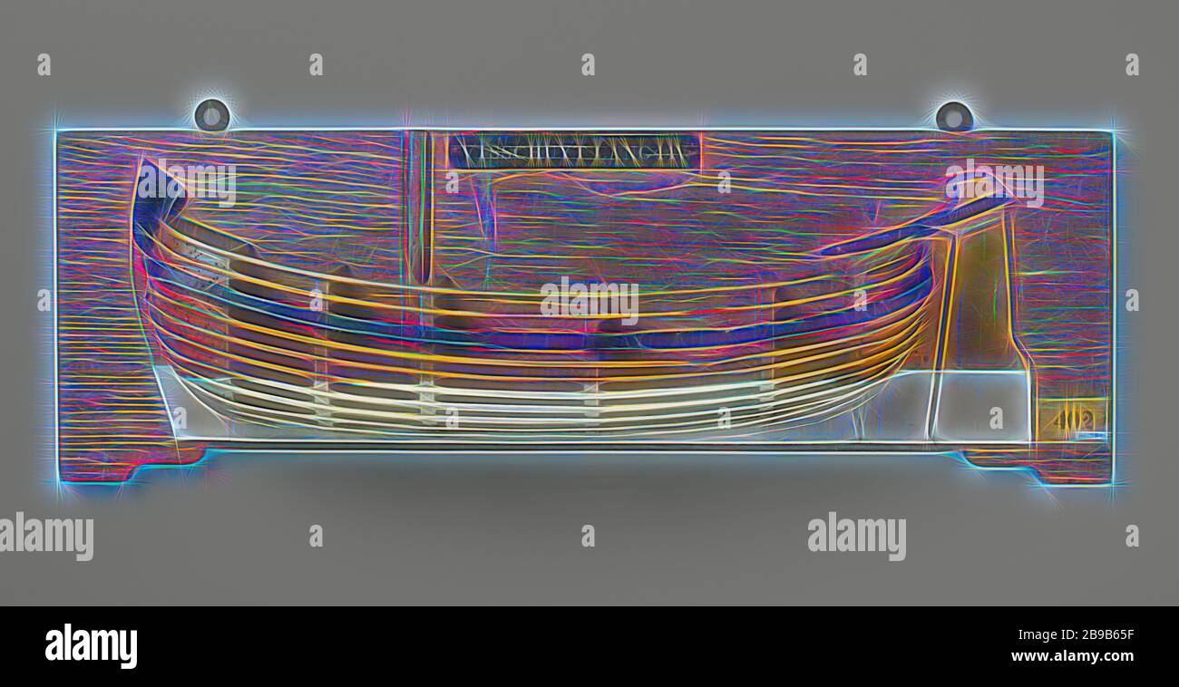 Modello mezzo di una barca da pesca, modello di stampo policromato (porta) di un fondo piatto a montante singolo. Poppa rotonda, senza recinzione, timone largo con timone sul ponte. A due estremità, un barwood. Fondo piatto. Scala circa 1:24 (derivata)., anonima, Paesi Bassi, c. 1780 - c.. 1820, legno (materiale vegetale), h 26,5 cm × w 72,9 cm × d 12,5 cm, Reimagined by Gibon, disegno di calore allegro di luminosità e raggi di luce radianza. Arte classica reinventata con un tocco moderno. La fotografia ispirata al futurismo, che abbraccia l'energia dinamica della tecnologia moderna, del movimento, della velocità e rivoluziona la cultura. Foto Stock